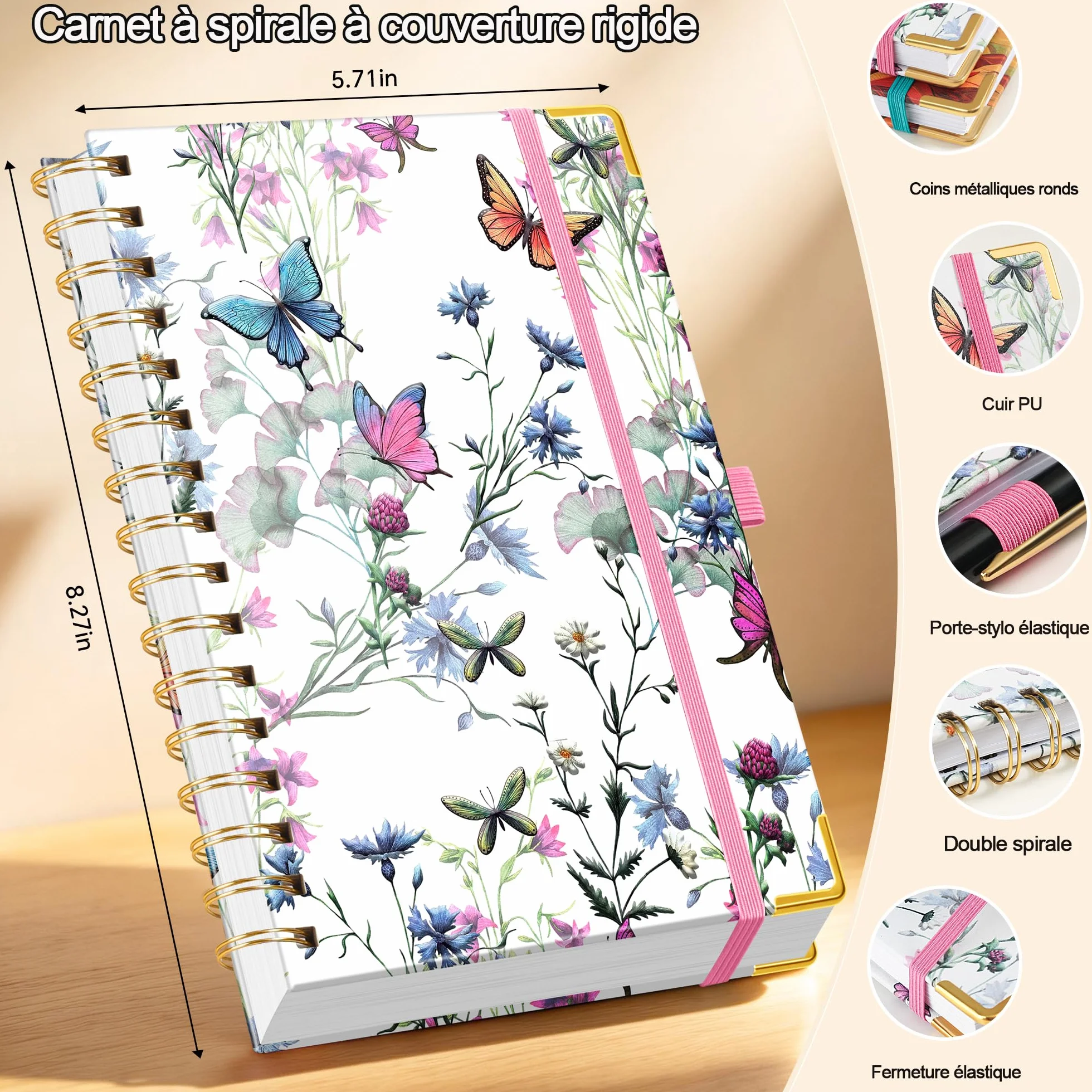 Carnet Spirale A5 Cahier Couverture Rigide 176 Pages Papier Premium 100 g/m² Fleurs de Vie Élastique Porte-Stylo Poche Intérieure
