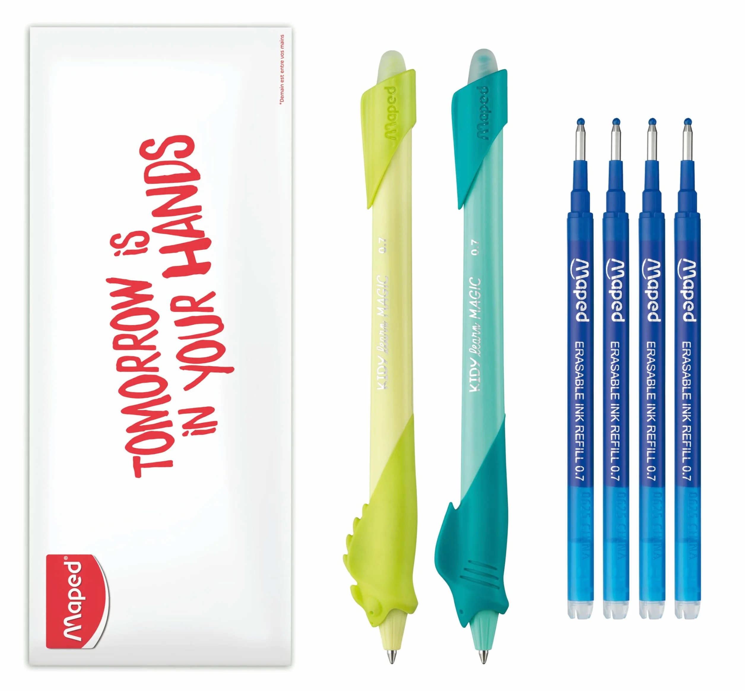 Maped Kidy Learn Stylo Effaçable Lot de 2 avec Gomme Intégrée Rechargeable Apprentissage Écriture Pack 4 Recharges
