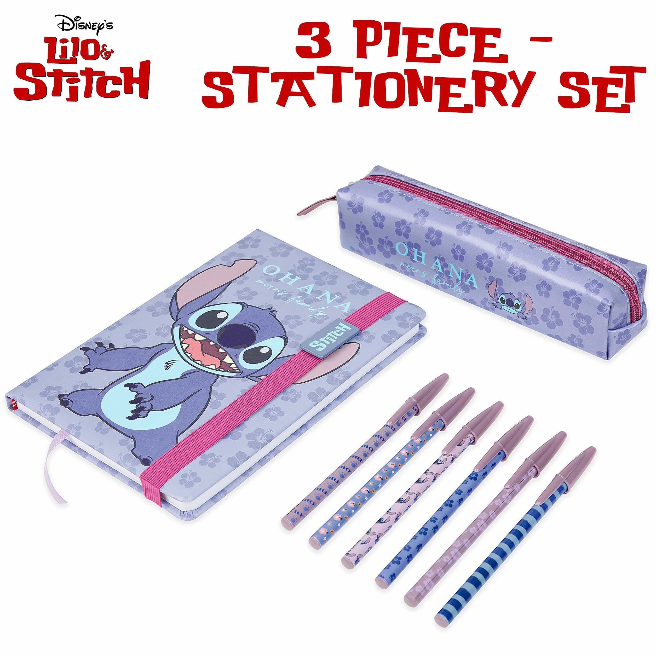 Disney Stitch Set de Fournitures Scolaires, Carnet Trousse Stylo Bille Crayons Couleur Bloc notes Accessoires Bureau École Bleu