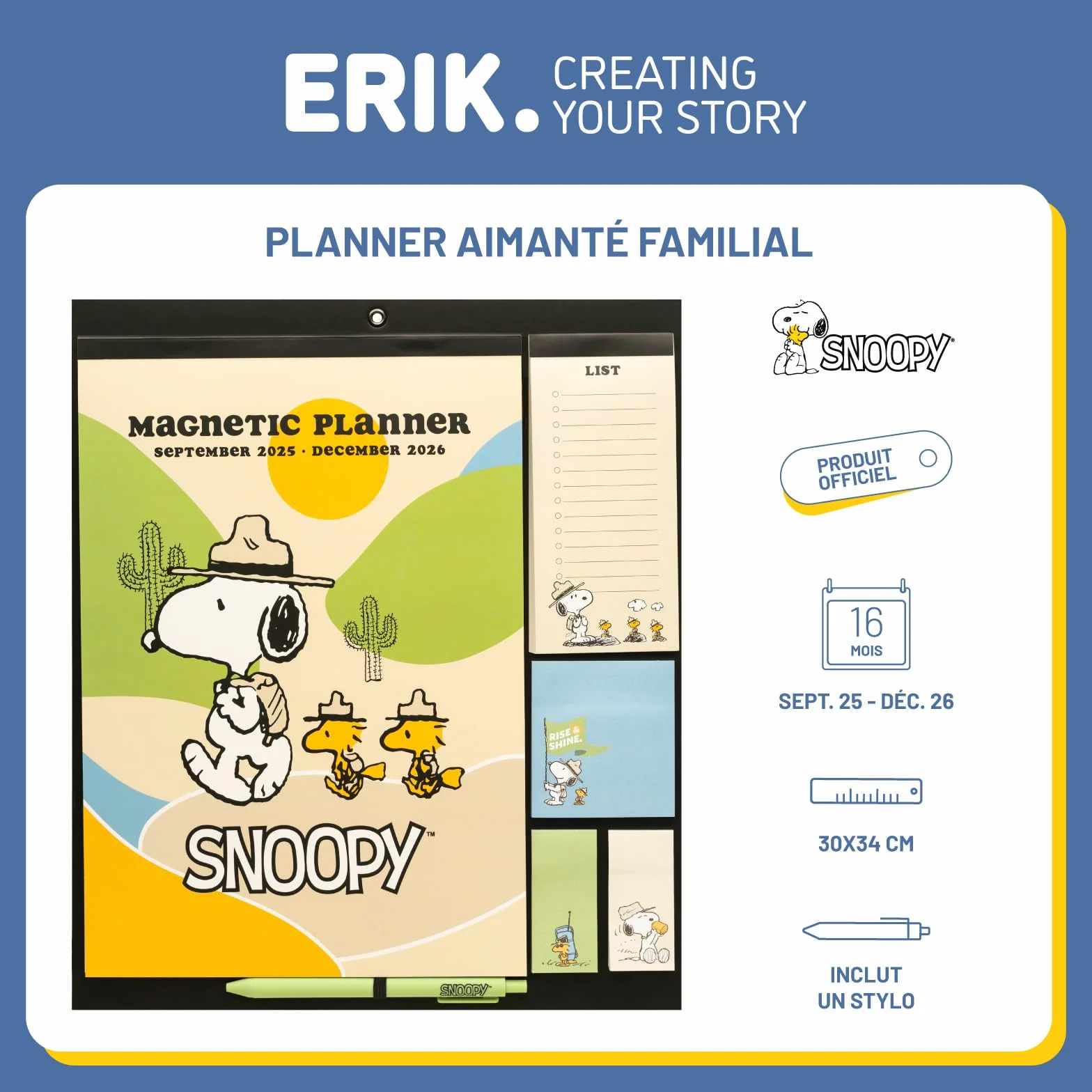 Calendrier Magnetique Frigo Snoopy 2025-2026 Planificateur Mensuel 16 mois Grupo Erik