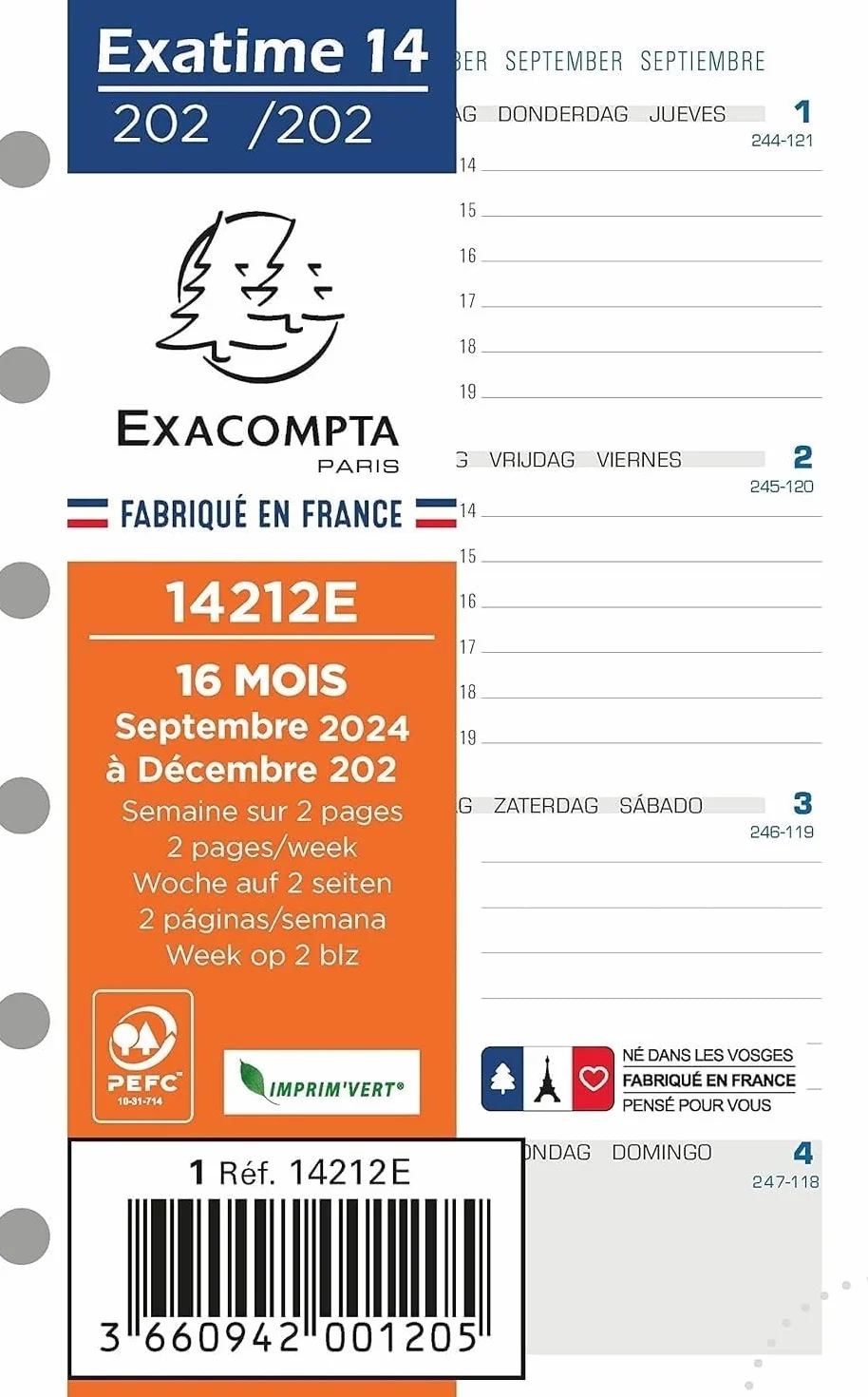 Exacompta Recharge Organiseur Exatime 14 Semainier Millésimé 12,6 x 8,1 cm Septembre 2026 Décembre 2027