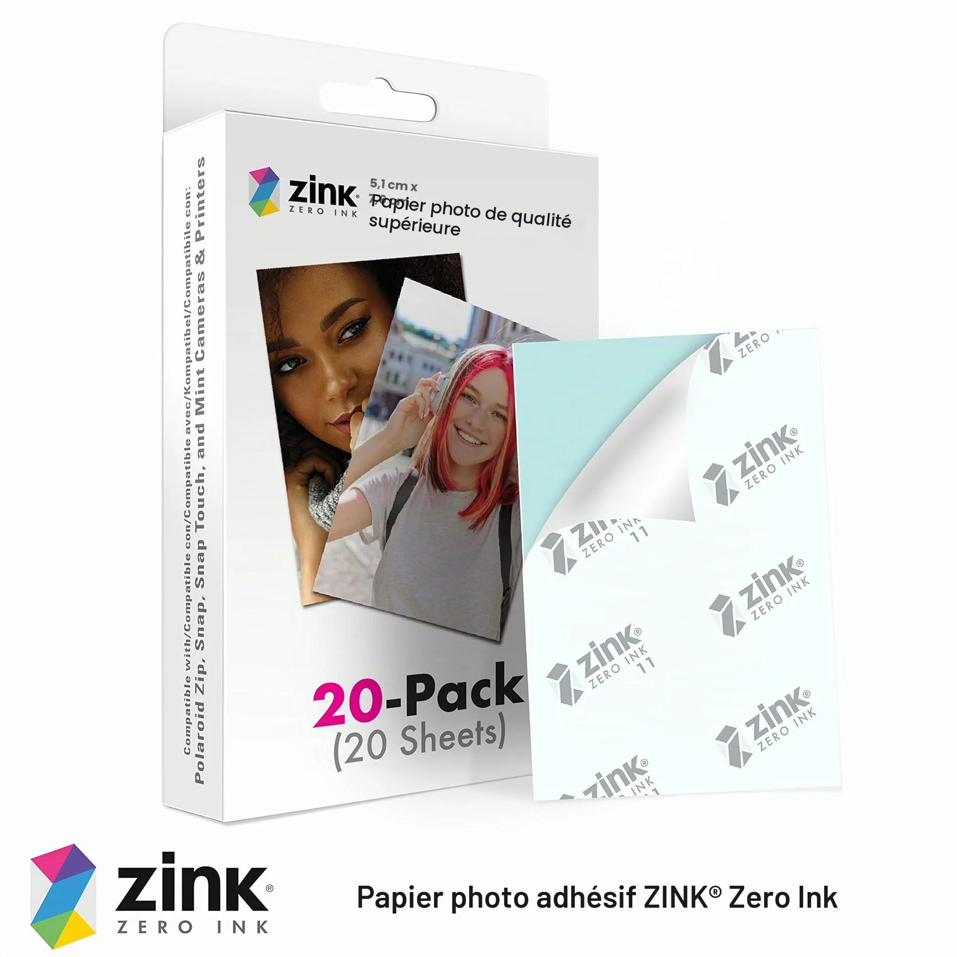 Papier photo Zink 2 x 3 pouces compatible Polaroid Snap, Snap Touch, Zip, Mint, paquet de 20, blanc