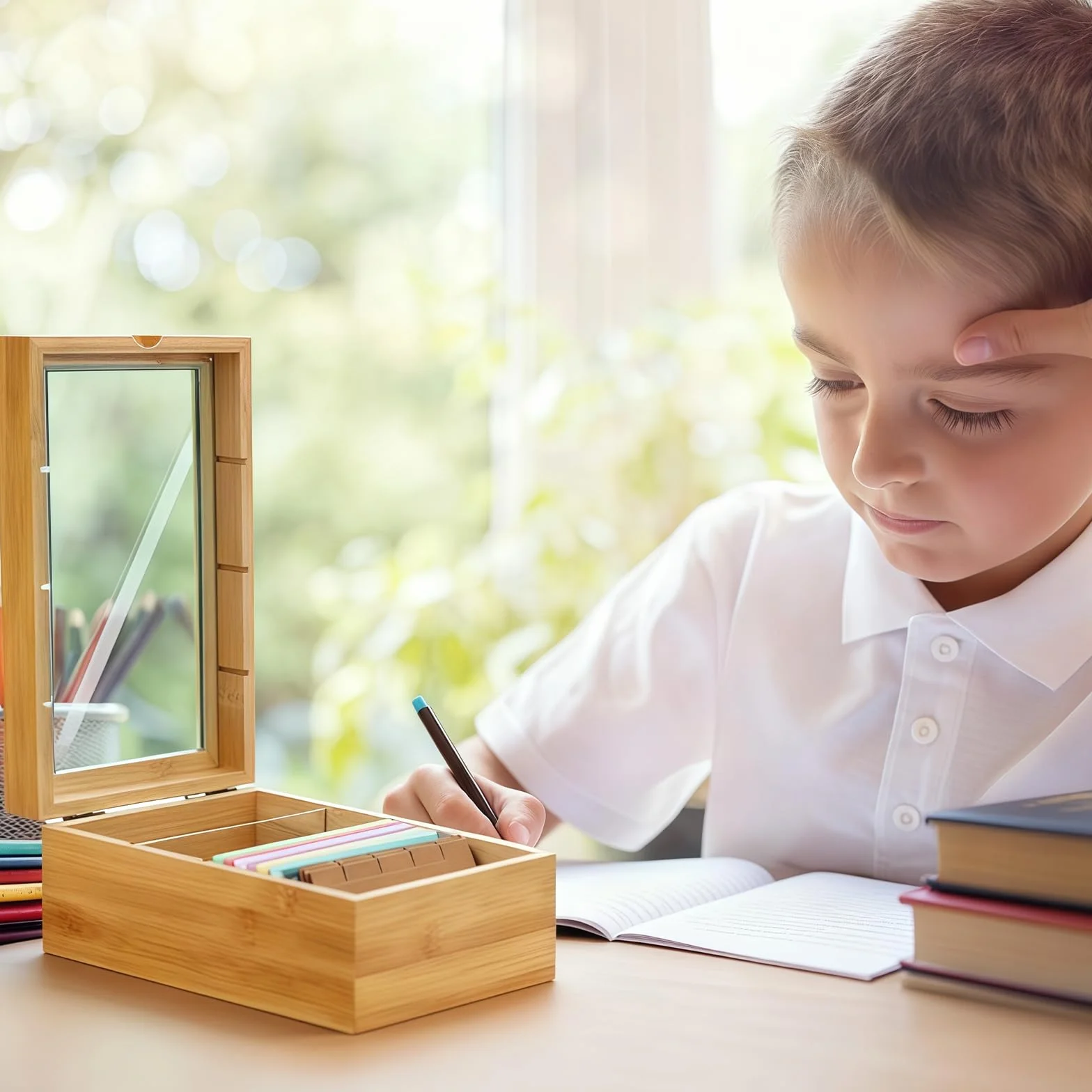 Boîte à fiches en bois A7 avec couvercle et fenêtre - Boîte de rangement pour cartes d'apprentissage
