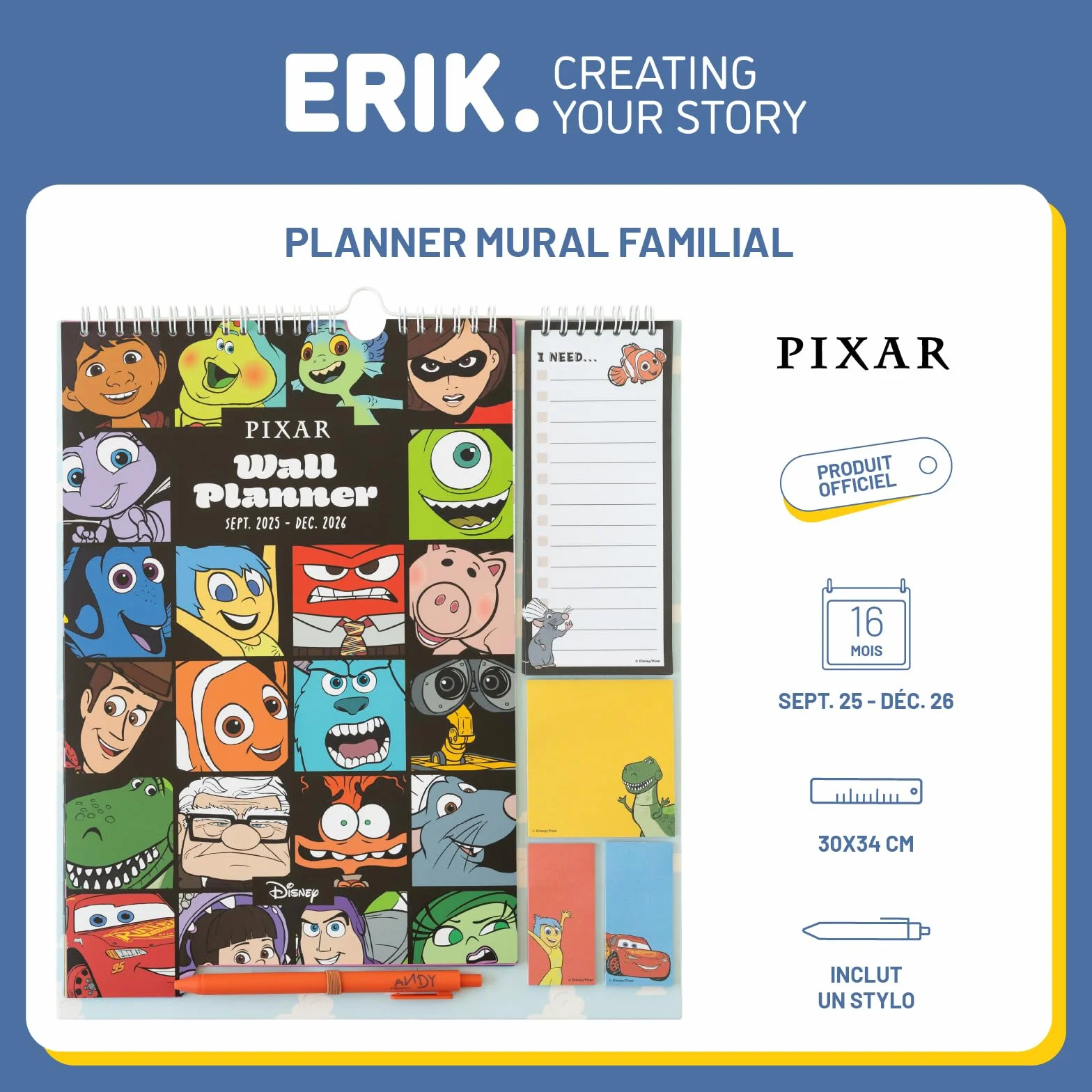 Calendrier Disney Pixar 2025 2026 16 mois Planificateur Mensuel Familial avec Crochet