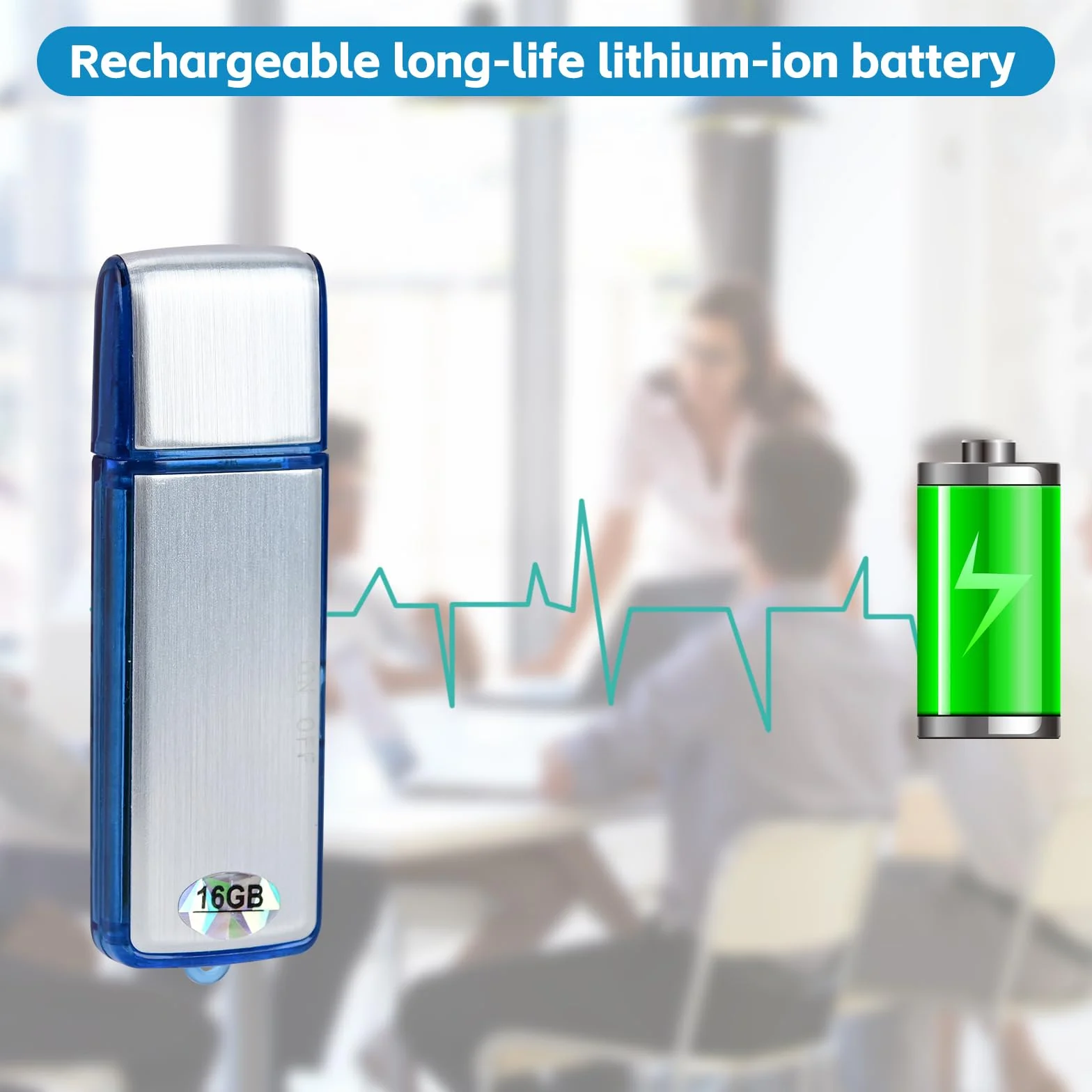 Podazz Mini enregistreur vocal numérique 16 Go 90 heures activation sonore rechargeable USB boîtier métal bleu
