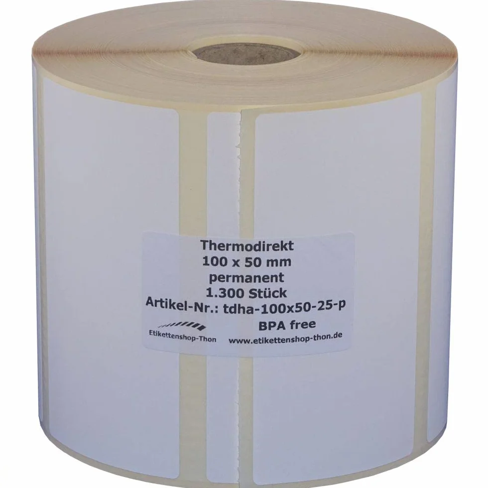 Lot de 1300 étiquettes thermiques 100 x 50 mm avec perforation sur rouleau - Manchon 25 mm - Adhérence permanente - Sans BPA
