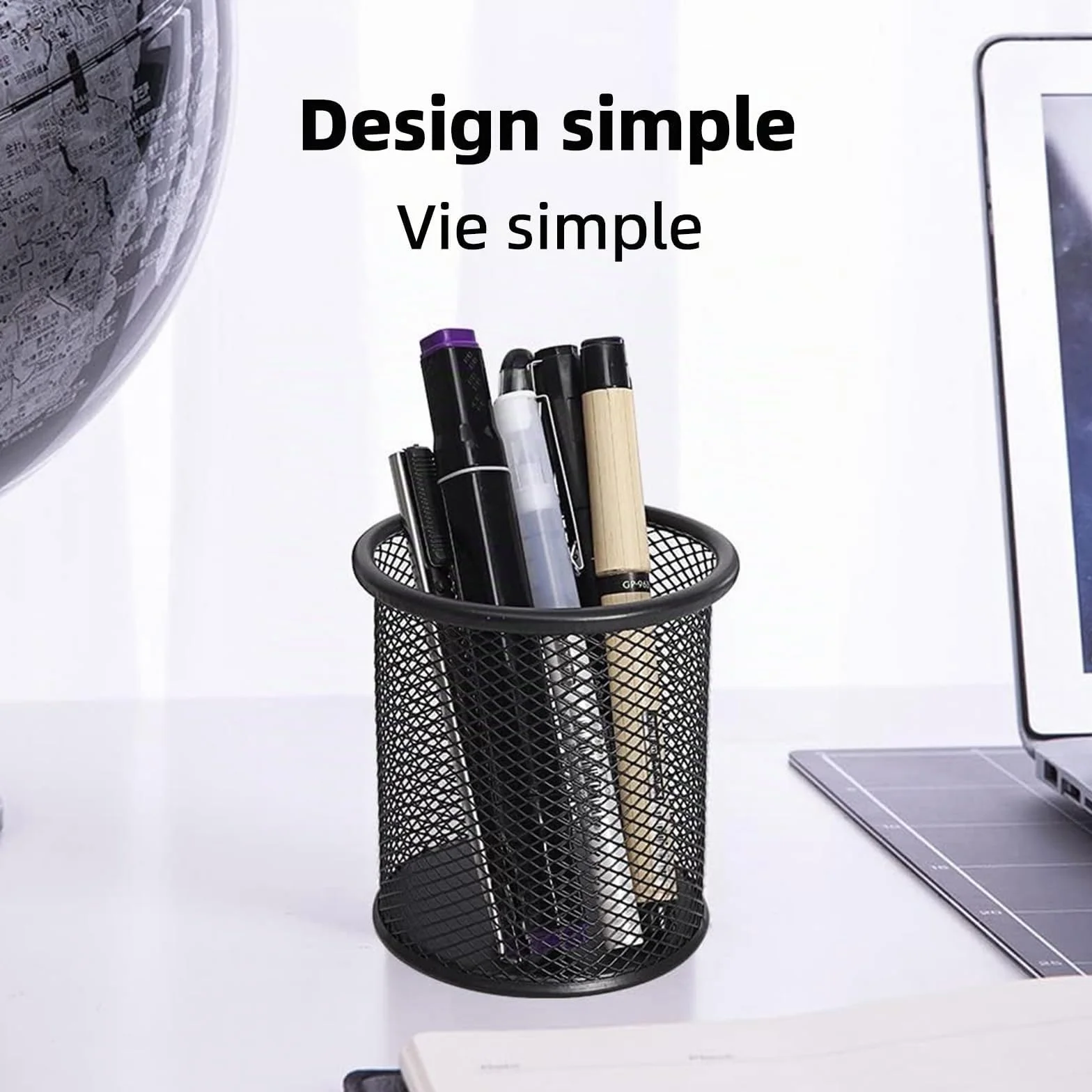 Qualsen Pot à Crayon en Métal Rond 4 Pièces, Grande Capacité Porte-stylo Organisateur de Bureau Noir