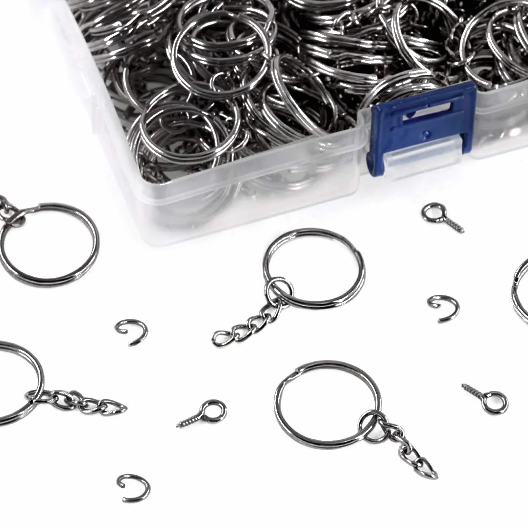 Lot de 450 porte-clés noirs 25 mm avec anneaux et épingles à œillet