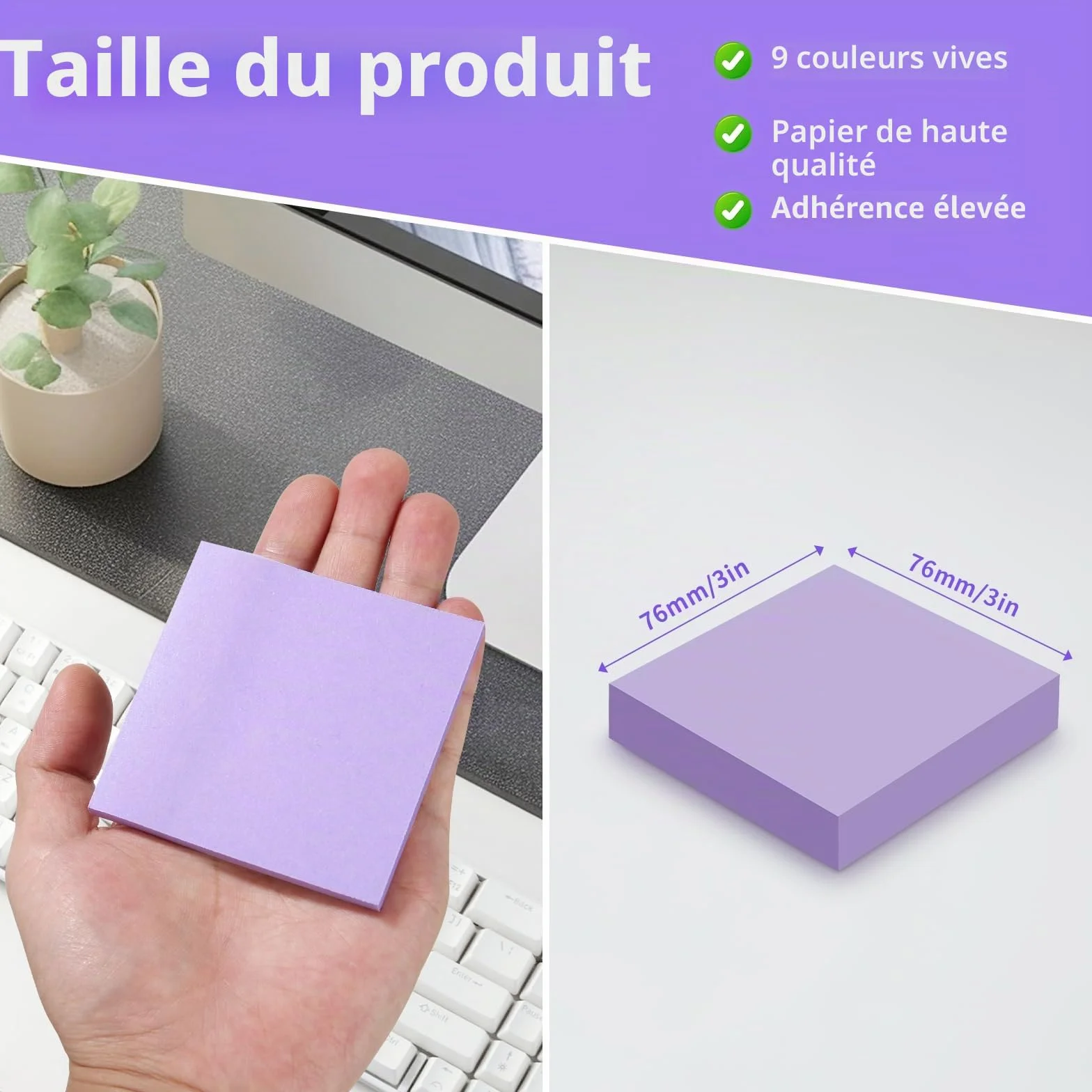 Notes adhésives Super Sticky 76 mm x 76 mm - Lot de 18 - 9 couleurs pour école, bureau, maison