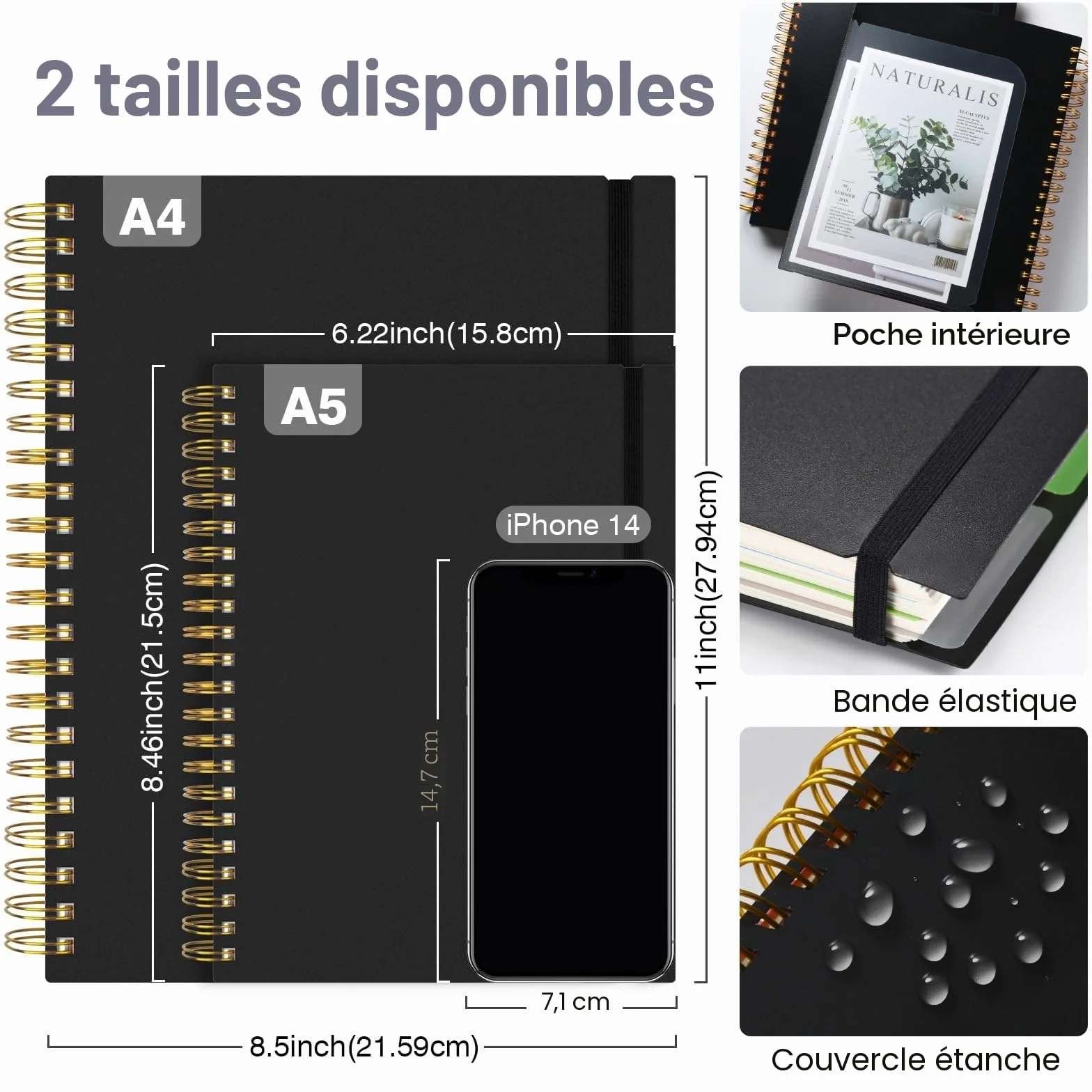 Carnet A4 ligné 300 pages 100 g/m², Cahier à spirale étanche avec intercalaires amovibles