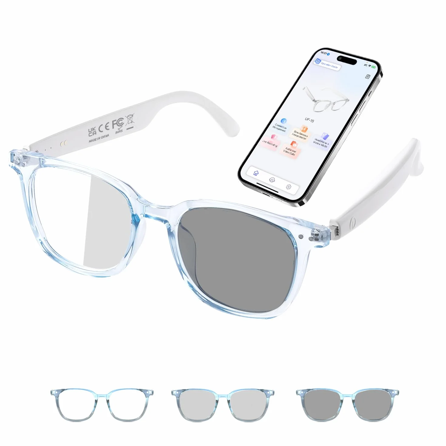 Lunettes intelligentes traducteur AI, traduction bilingue temps réel, verres photochromiques, cadre bleu, 160+ langues, design léger voyage affaires