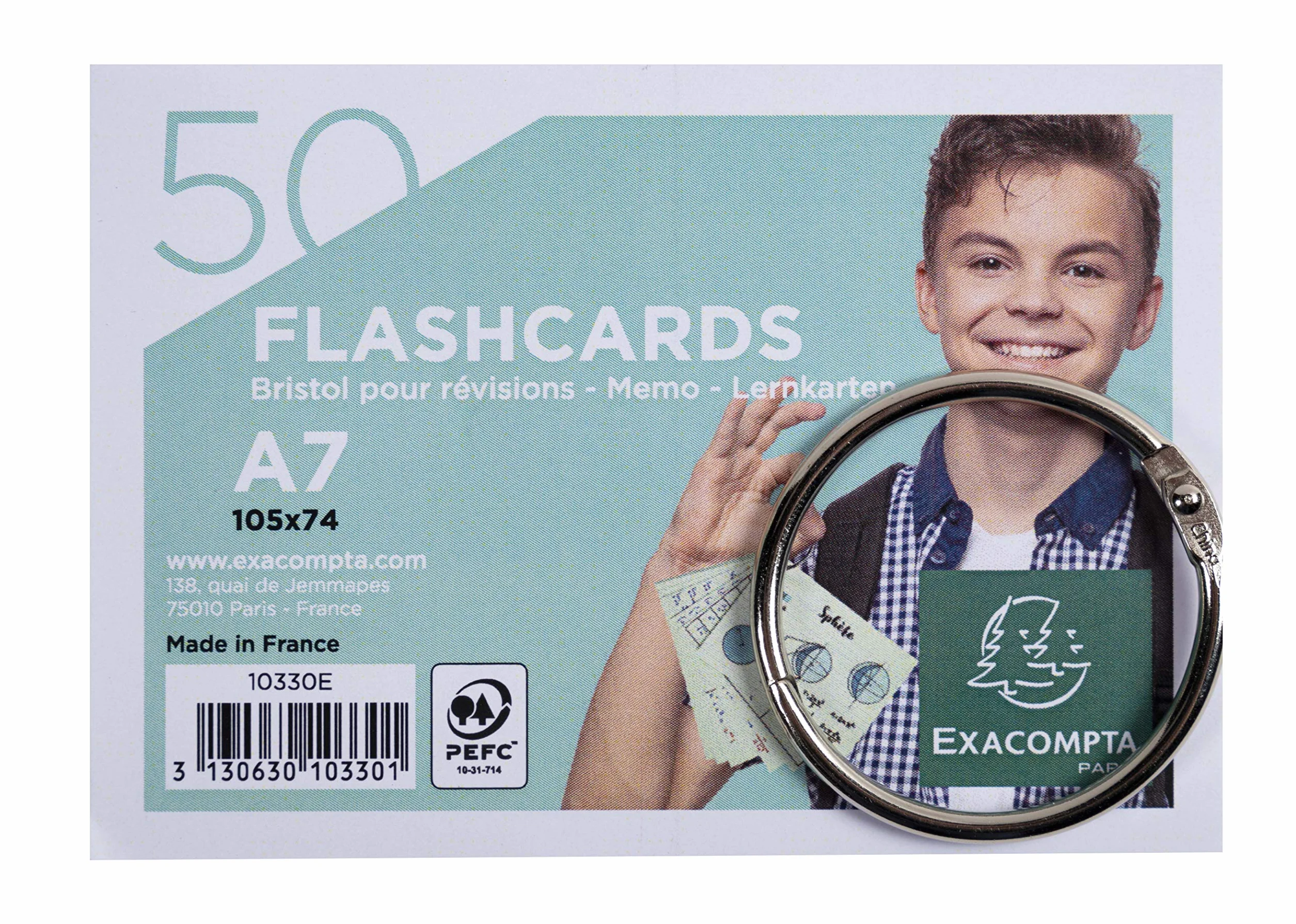 Exacompta Paquet de 50 Flashcards A7 Bristol Ligné Perforé avec Anneau