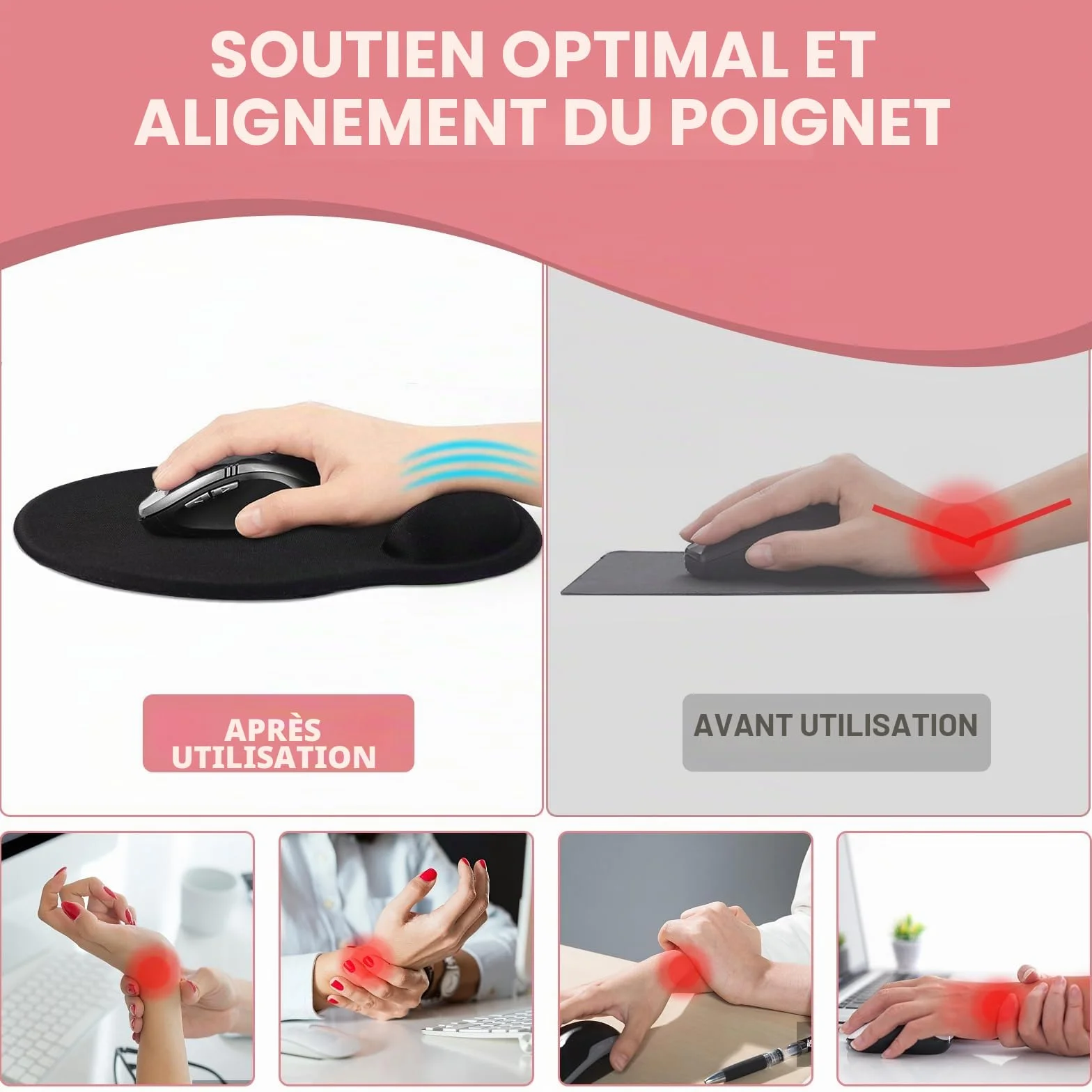 Tapis de Souris Ergonomique en Gel avec Repose-Poignet, Base PU Antidérapant pour Gamer (Rose)