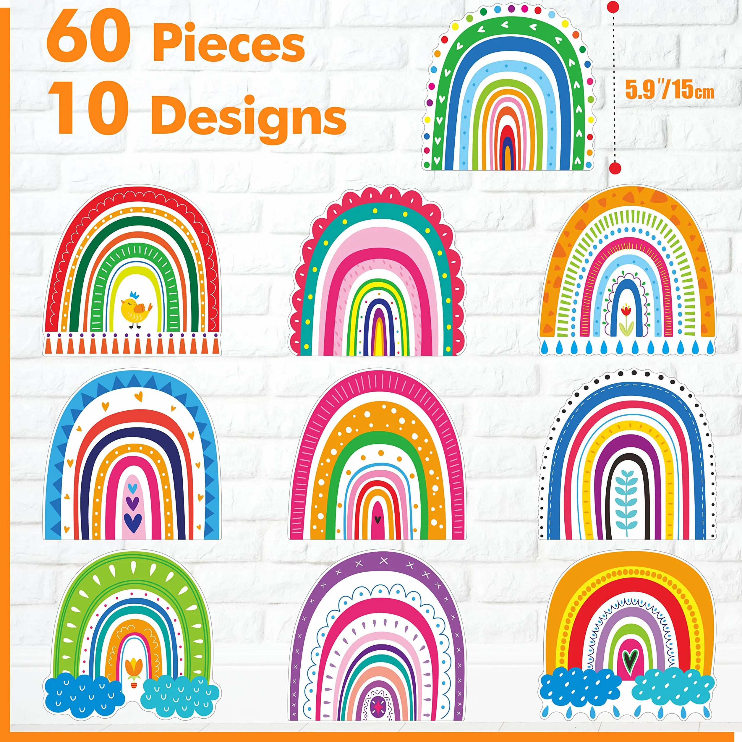 Lot de 60 découpes Arc-en-Ciel, 10 Motifs colorés pour Tableau d'affichage effaçable, Bricolage, Fournitures de fête