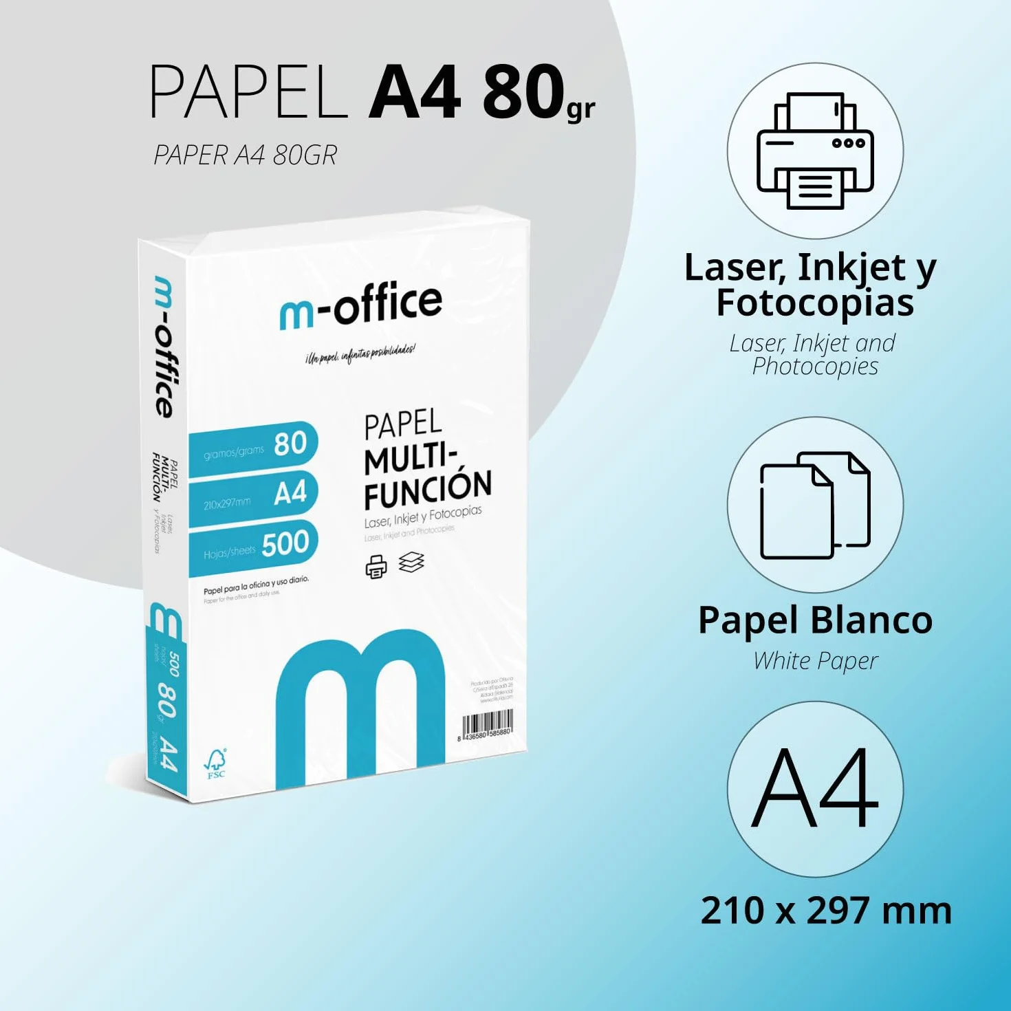 Papier Multifonction A4 80gr 150 Feuilles pour Imprimante Jet d'Encre et Laser 210 x 297 mm