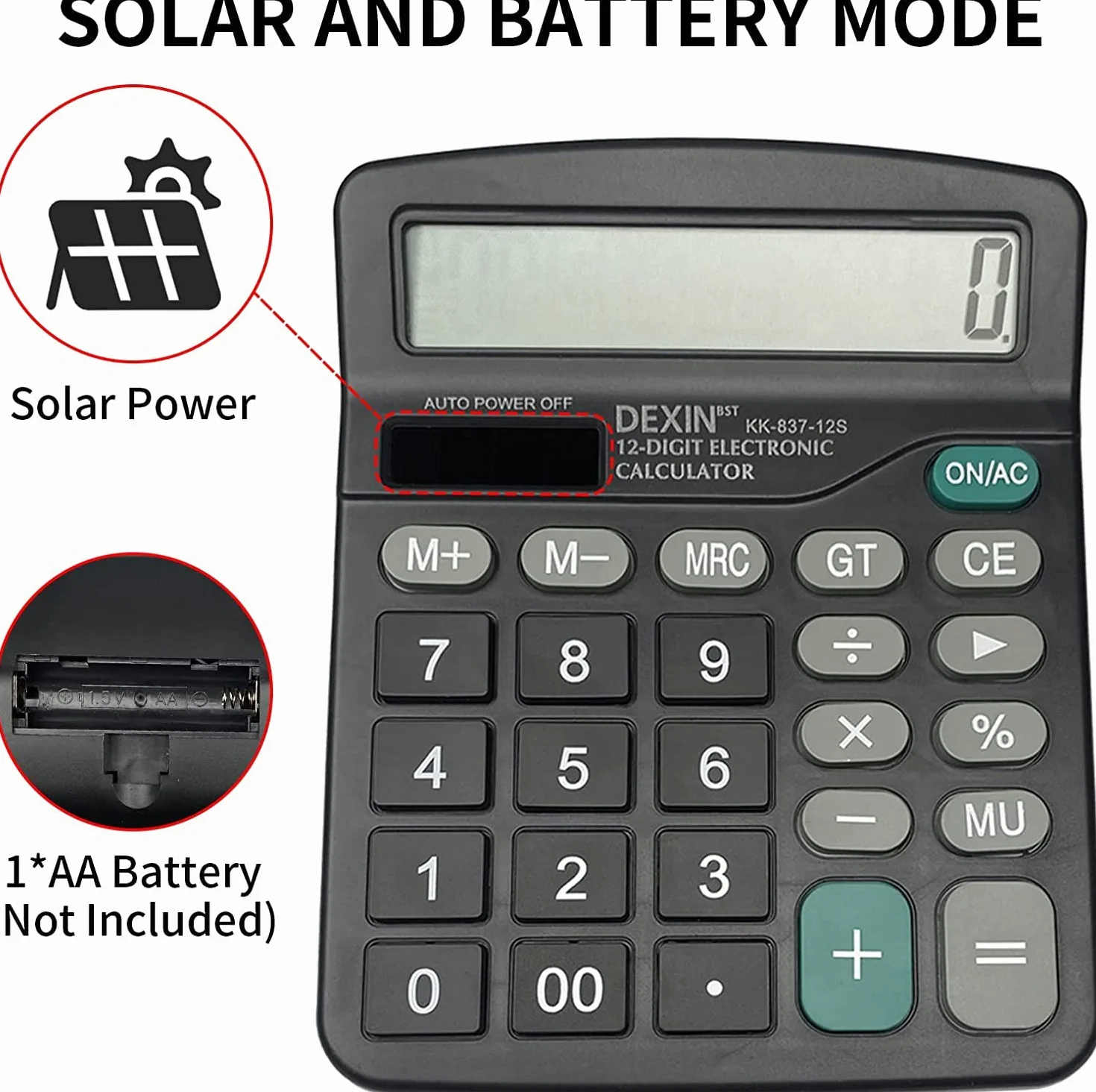 Calculatrice de Bureau Solaire Grand Boutons Écran LCD 12 Chiffres Nior