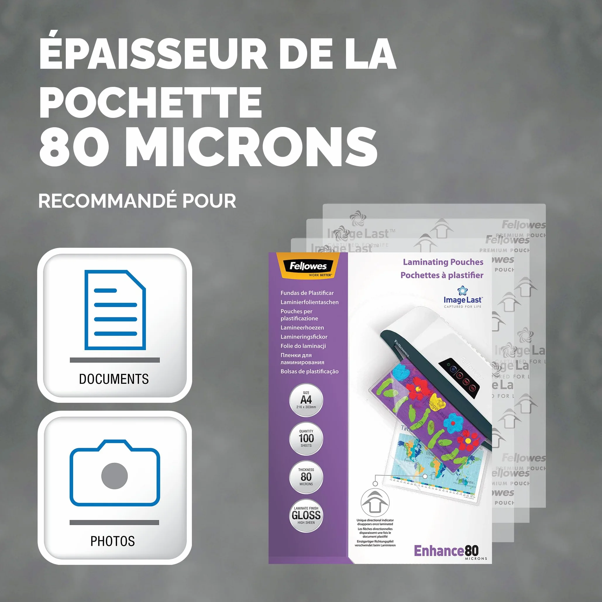 Fellowes Pochette De Plastification A4 80 microns Pack 100 Feuilles Plastifieuse Technologie ImageLast Finition Brillante