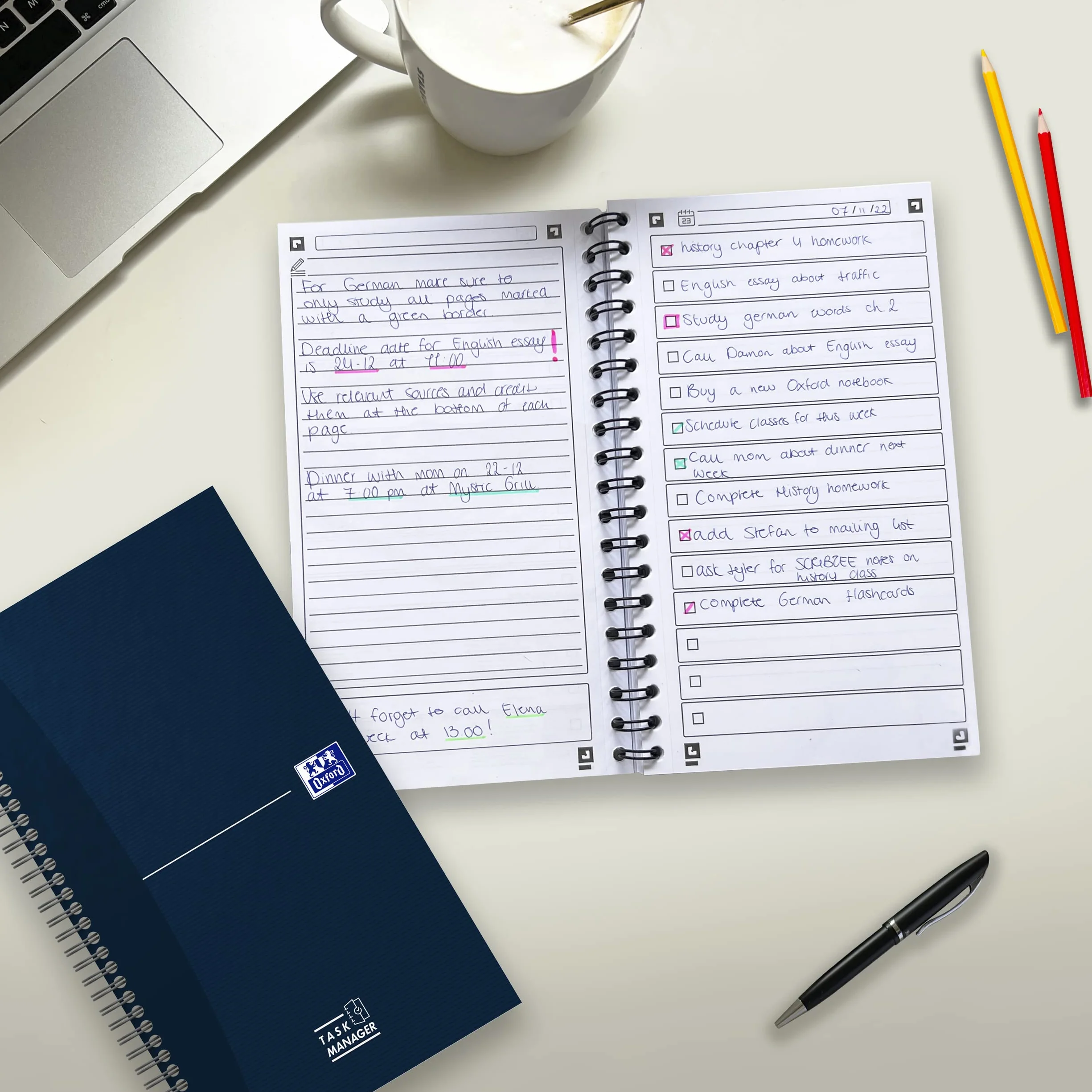 Oxford Planificateur de carnet de notes 115 feuilles Bleu 90gr
