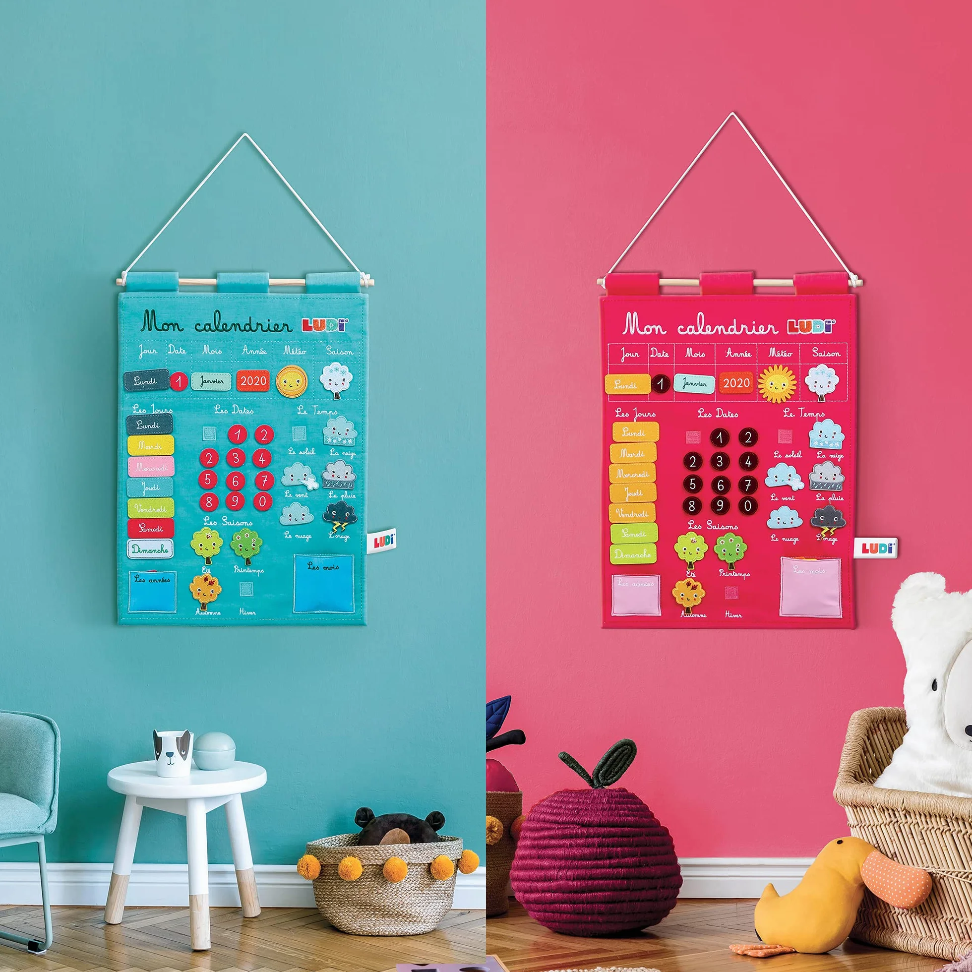LUDI Calendrier éducatif bleu en tissu brodé 45 étiquettes amovibles à scratch 40 x 53 cm dès 3 ans