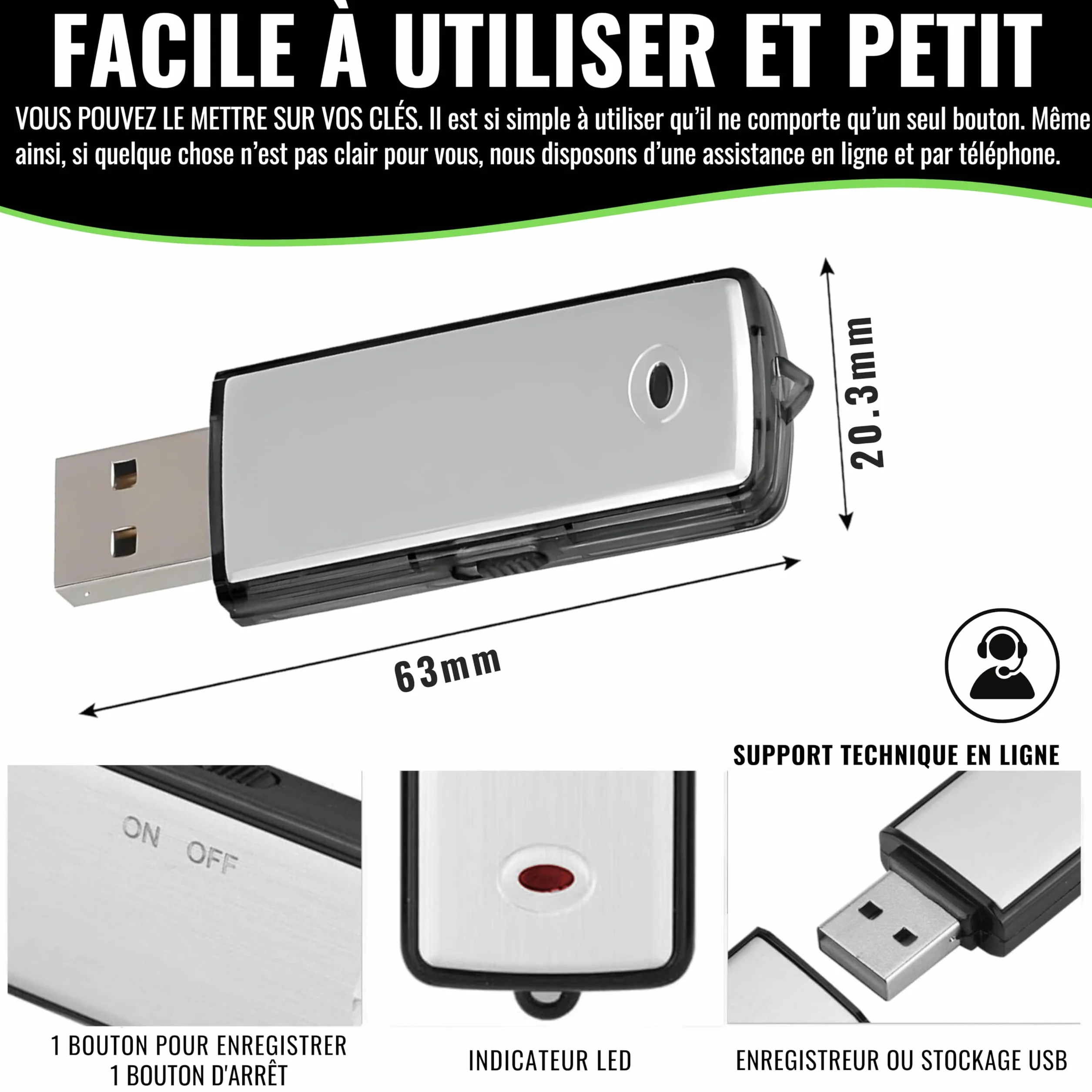 Enregistreur Vocal Numérique USB 8 Go Dictaphone Micro Espion Discret pour Réunions Interviews Cours NF3