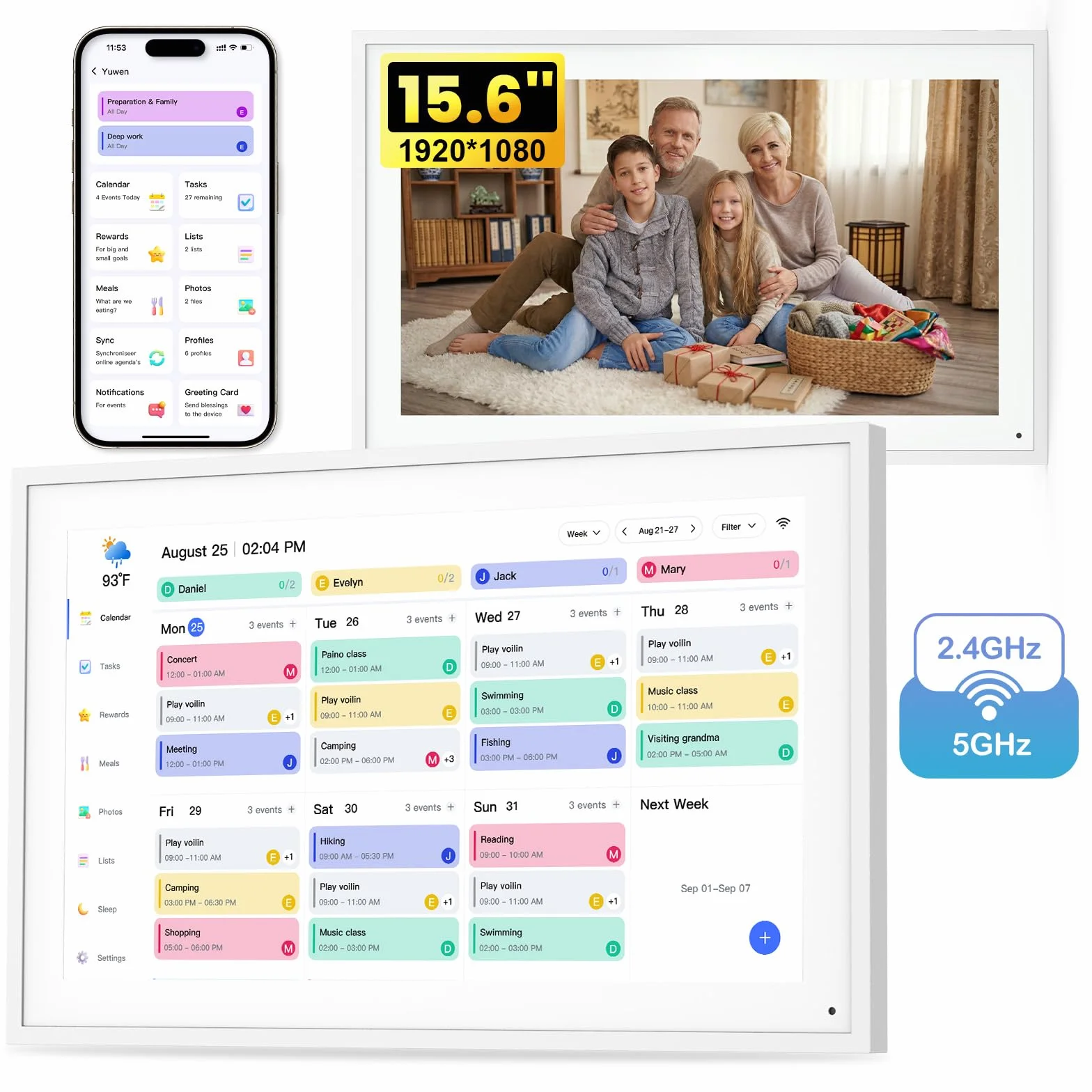 NEWYES Calendrier Numérique Mural 15 Pouces 2026 Semainier Sync Wi-Fi Tableau Récompense Enfant Cadre Photo Numérique Écran Tactile Intelligent