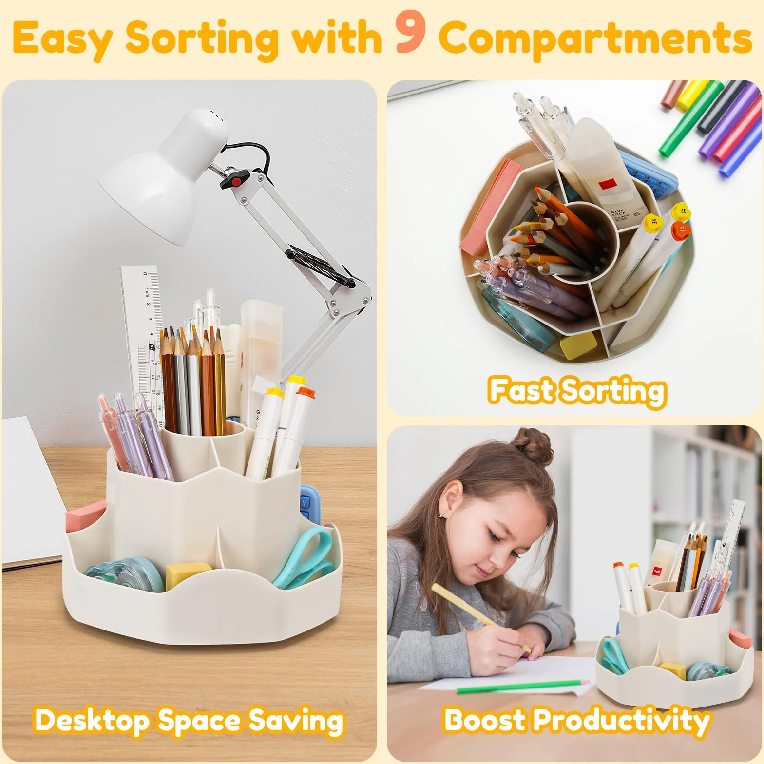 Euqvunn Organisateur de Bureau Rotatif, Pot à Crayon 9 Compartiments, Rangement Bureau 360° Porte Stylo Beige