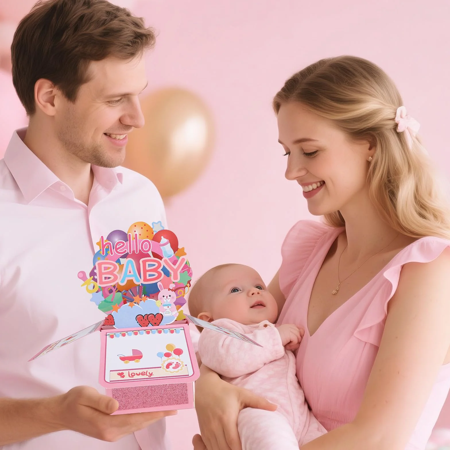 Penitue Carte de Félicitations Pop-Up Baby Shower Fille avec Enveloppe Rose