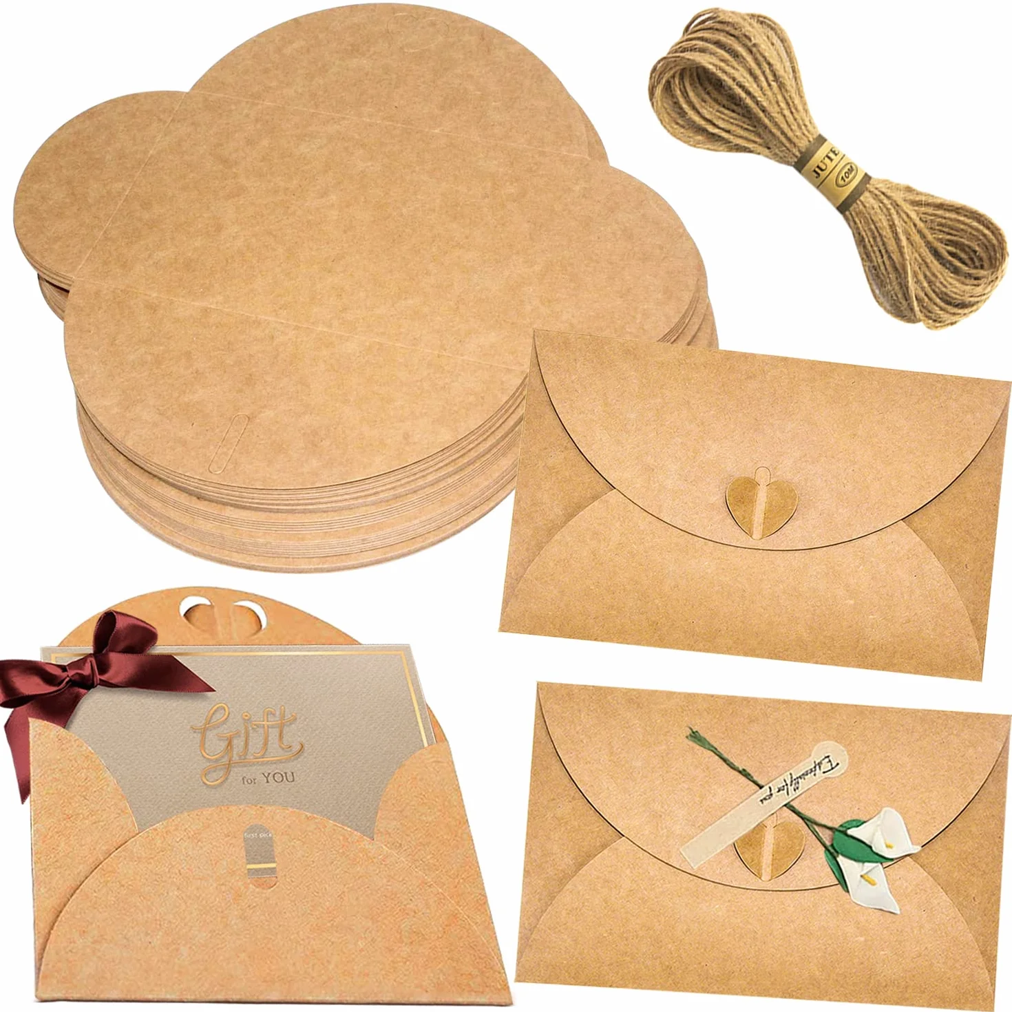 Enveloppes en Papier Kraft 50pcs 17.5x11cm Mini Enveloppe Carte Cadeau avec Coeur Fermoir