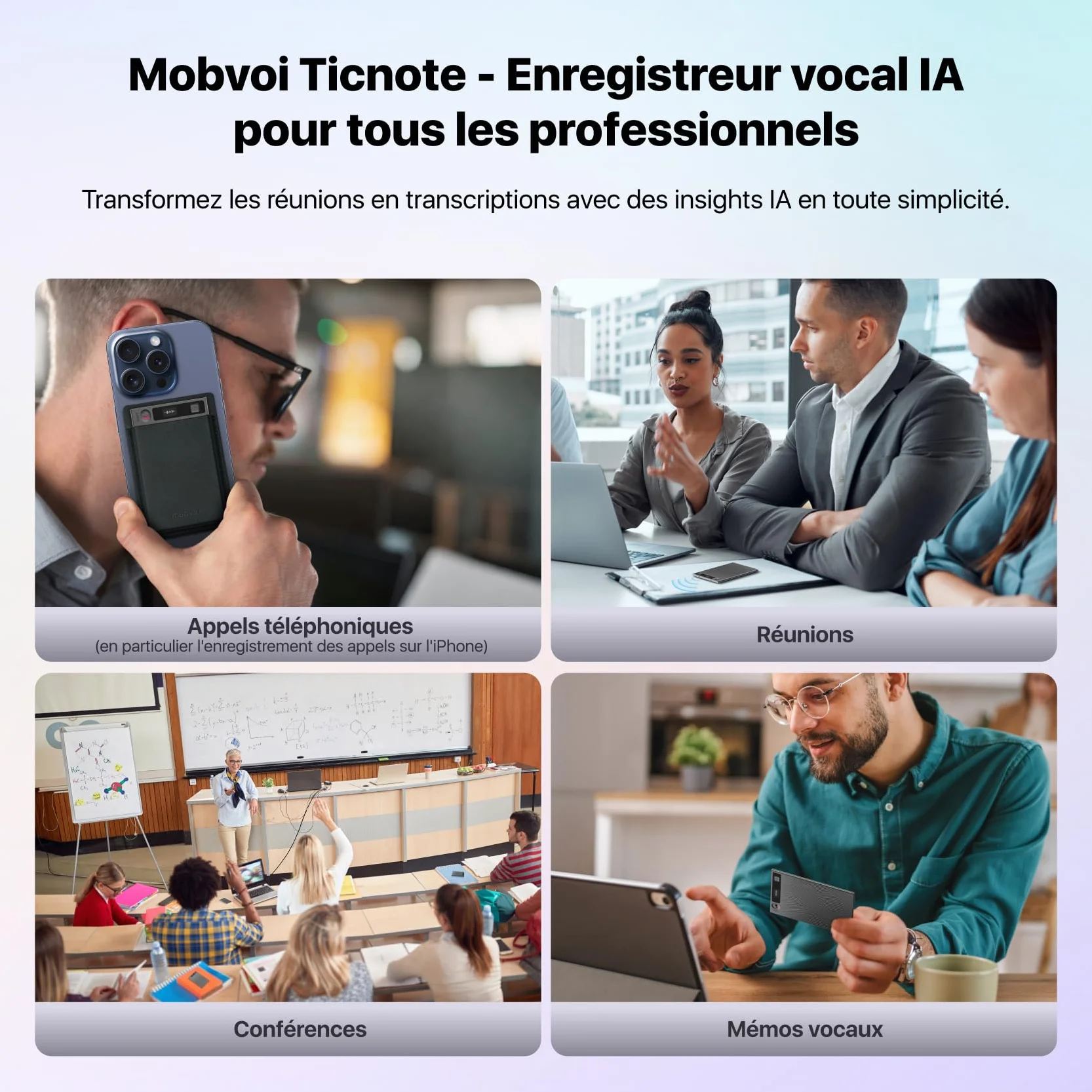 Mobvoi TicNote Enregistreur Vocal IA 64 Go Mémoire Étui Contrôle Application 100+ Langues Audio Numérique Appels Conférences Réunions