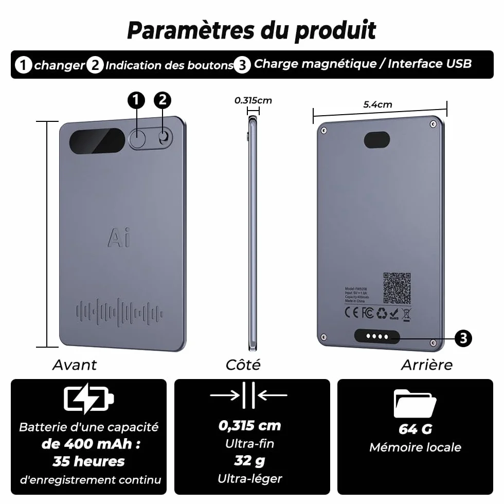 Micro Espion Enregistreur Vocal IA Dictaphone Numérique 35 Heures Transcription Résumé Conférences Réunions Appels Étui Inclus