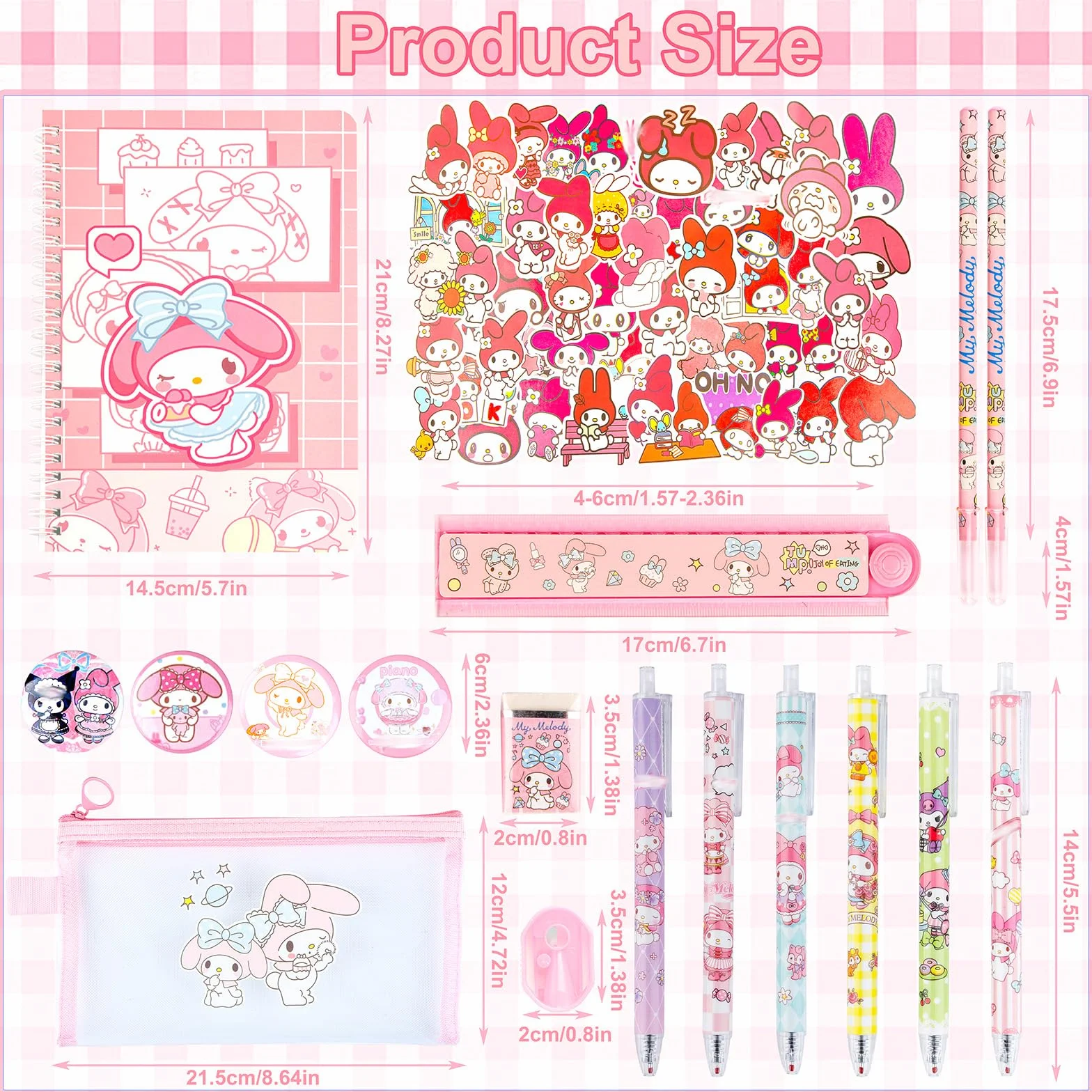 Ensemble Kawaii Mel-dy avec stylos, autocollants, trousse rose pour rentrée scolaire