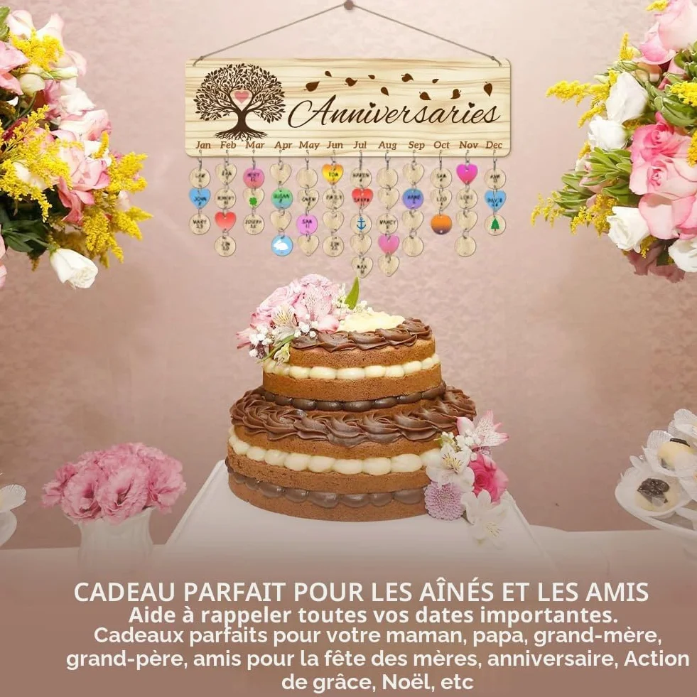 Arbre de Vie Calendrier d'Anniversaire en Bois avec 100 Étiquettes, 40x12cm, Décoration Murale Suspendue pour Saint-Valentin