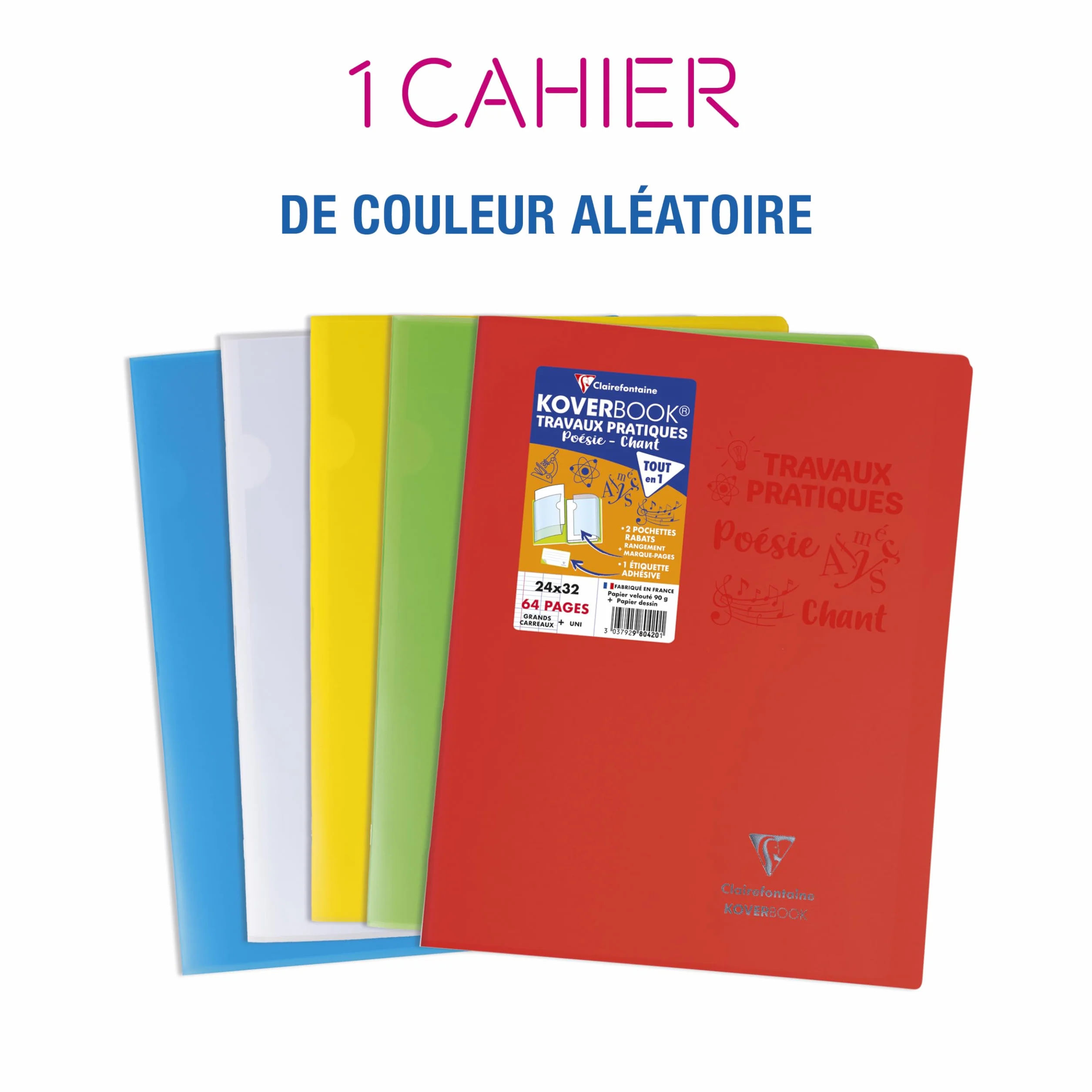 Clairefontaine 980420C Cahier Travaux Pratiques Koverbook 64 Pages Grands Carreaux 90g Unies Blanches 125g 24x32 cm Couverture Polypro Agrafé Couleur Aléatoire
