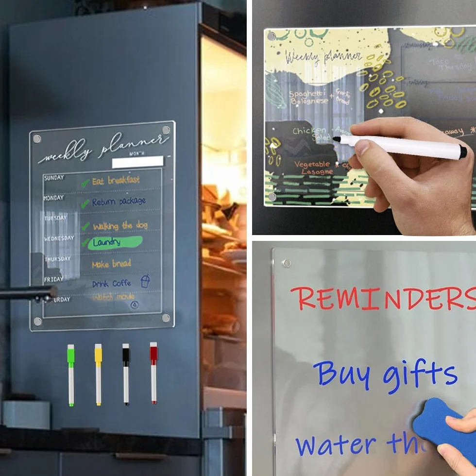 Calendrier Magnetique Frigo Transparent Tableau Magnétique en Acrylique 20 x 30 cm Effaçable avec Marqueurs et Gomme