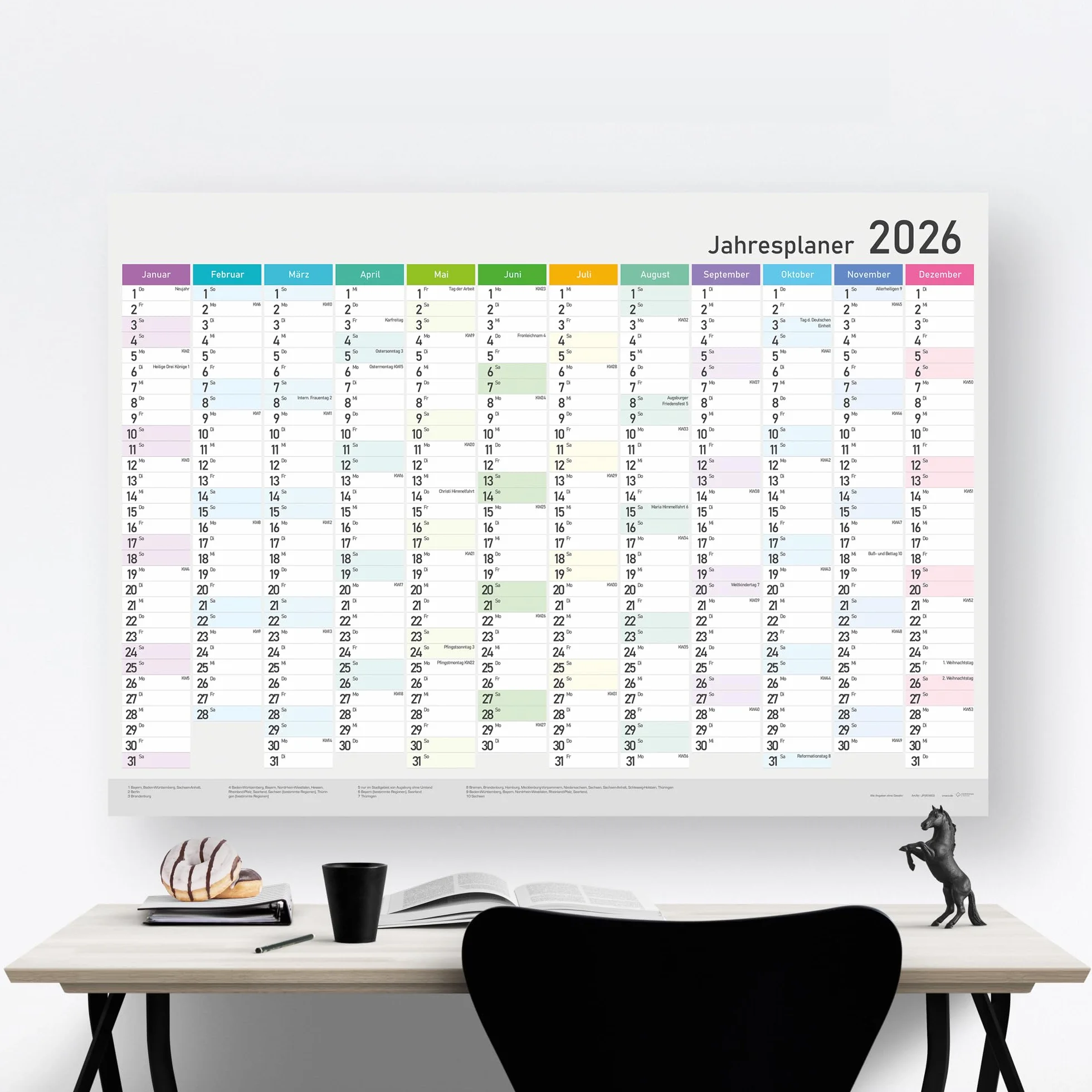 Calendrier annuel XXL 2026 A1 84x59 cm mural planificateur avec semaines et jours fériés
