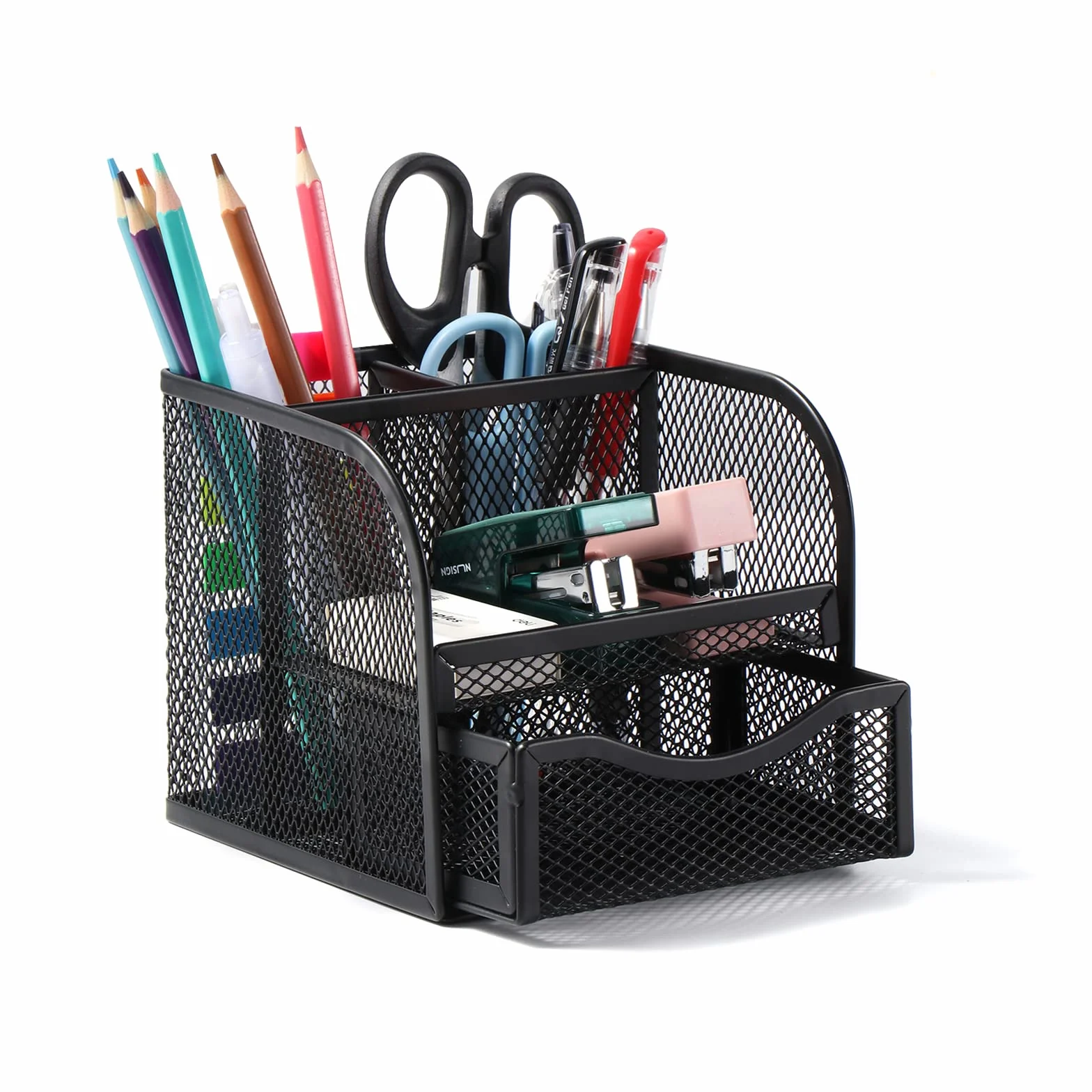 Vinabo Organisateur de Bureau en Filet Métallique, Pot à Crayon avec 4 Compartiments de Tri et Tiroir Coulissant
