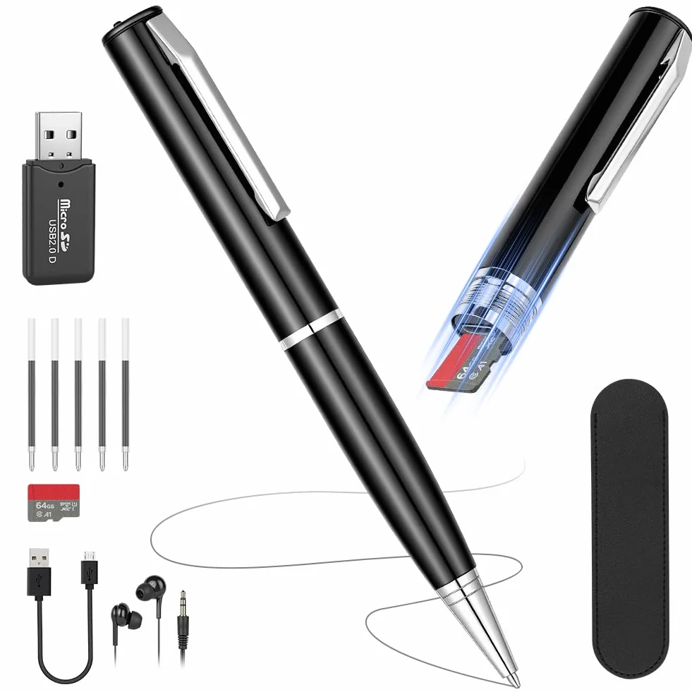 Ainiv Stylo Enregistreur 64 Go, Appareil d'Enregistrement Portable Audio HD, Enregistrement en Une Touche, Réduction de Bruit DSP