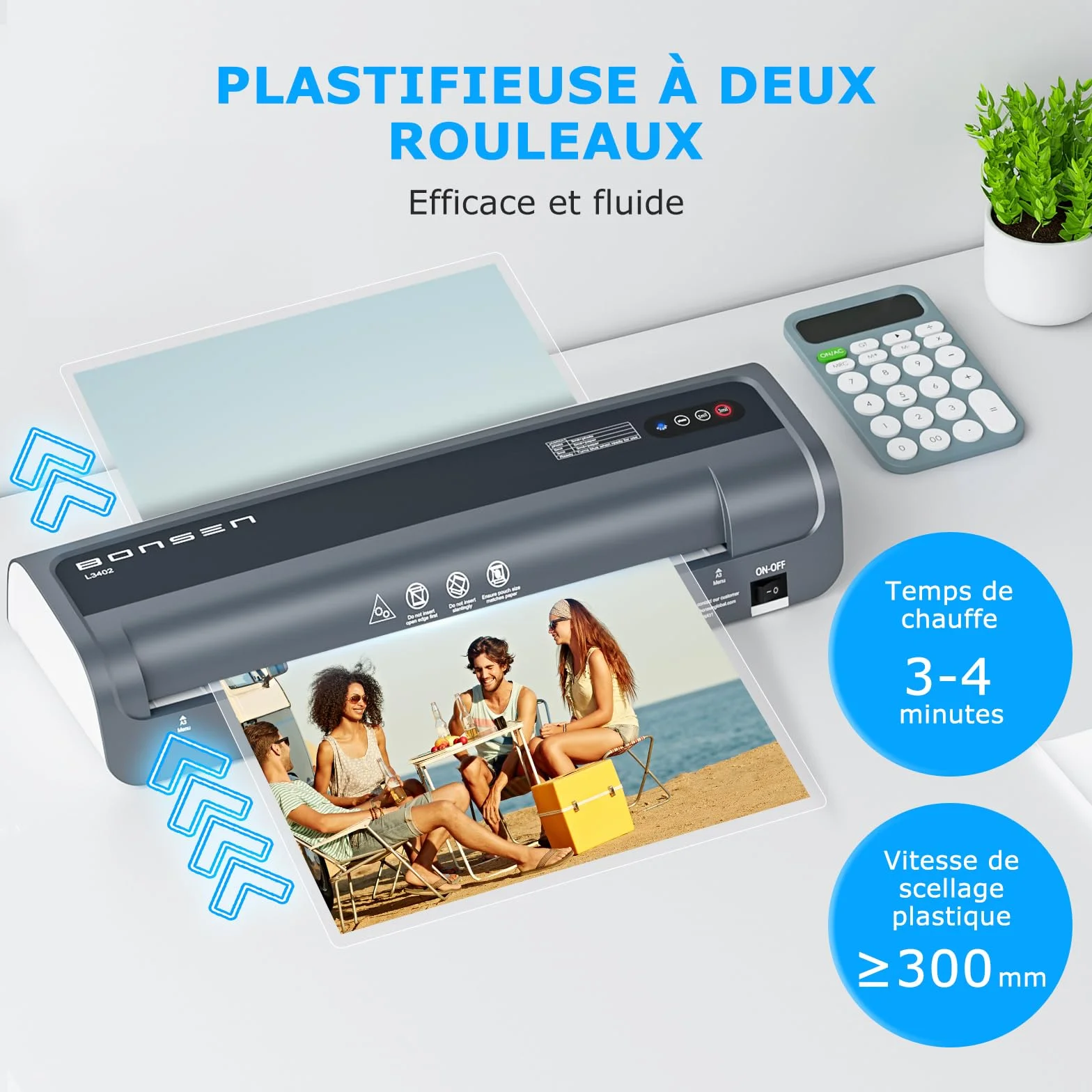 BONSEN Plastifieuse A3 Anti-Blocage 100 Pochettes Incluses Température NTC Précise Plastification Rapide