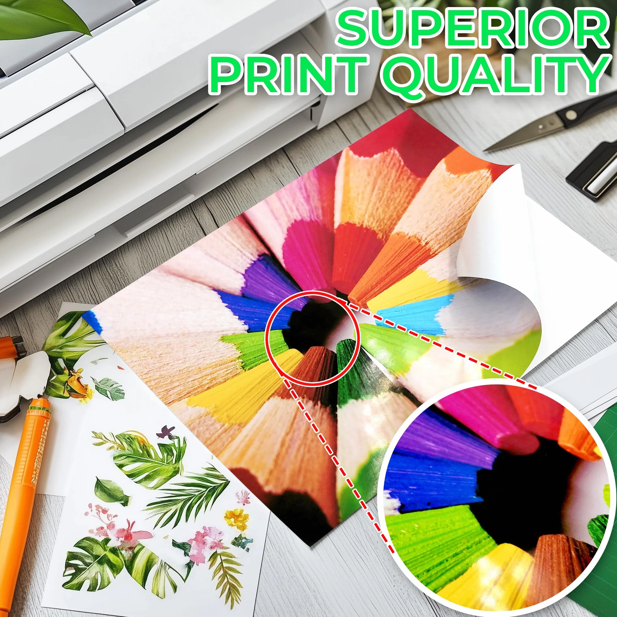 Evergreen Goods A4 Papier Autocollant Brillant Imprimable 100 gsm Résistant aux Éclaboussures Jet d'Encre et Laser Feuilles Autocollantes Recyclables Blanches