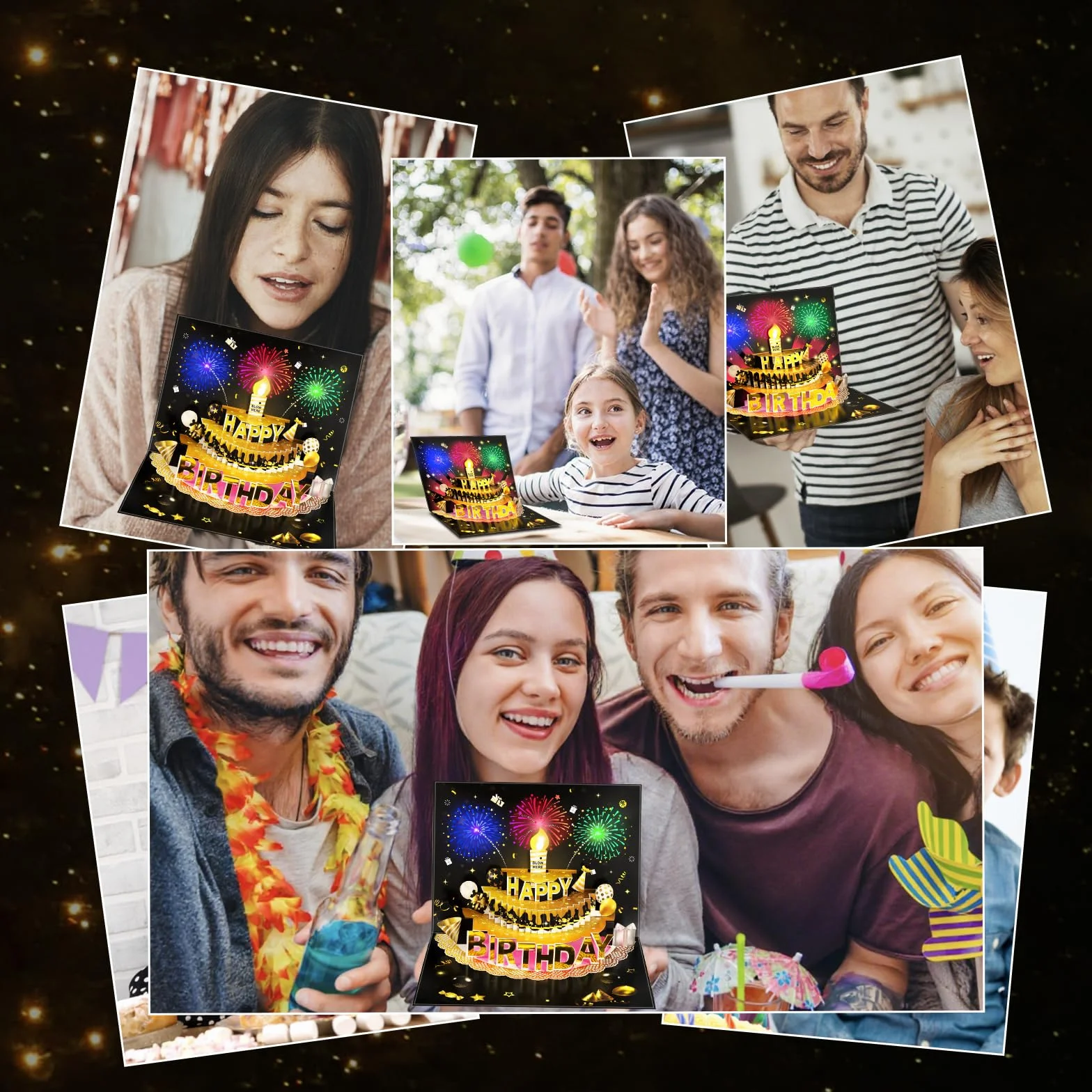 Carte d'anniversaire pop-up 3D avec lumières et son, bougie LED soufflée, carte musicale chantante Noir et doré