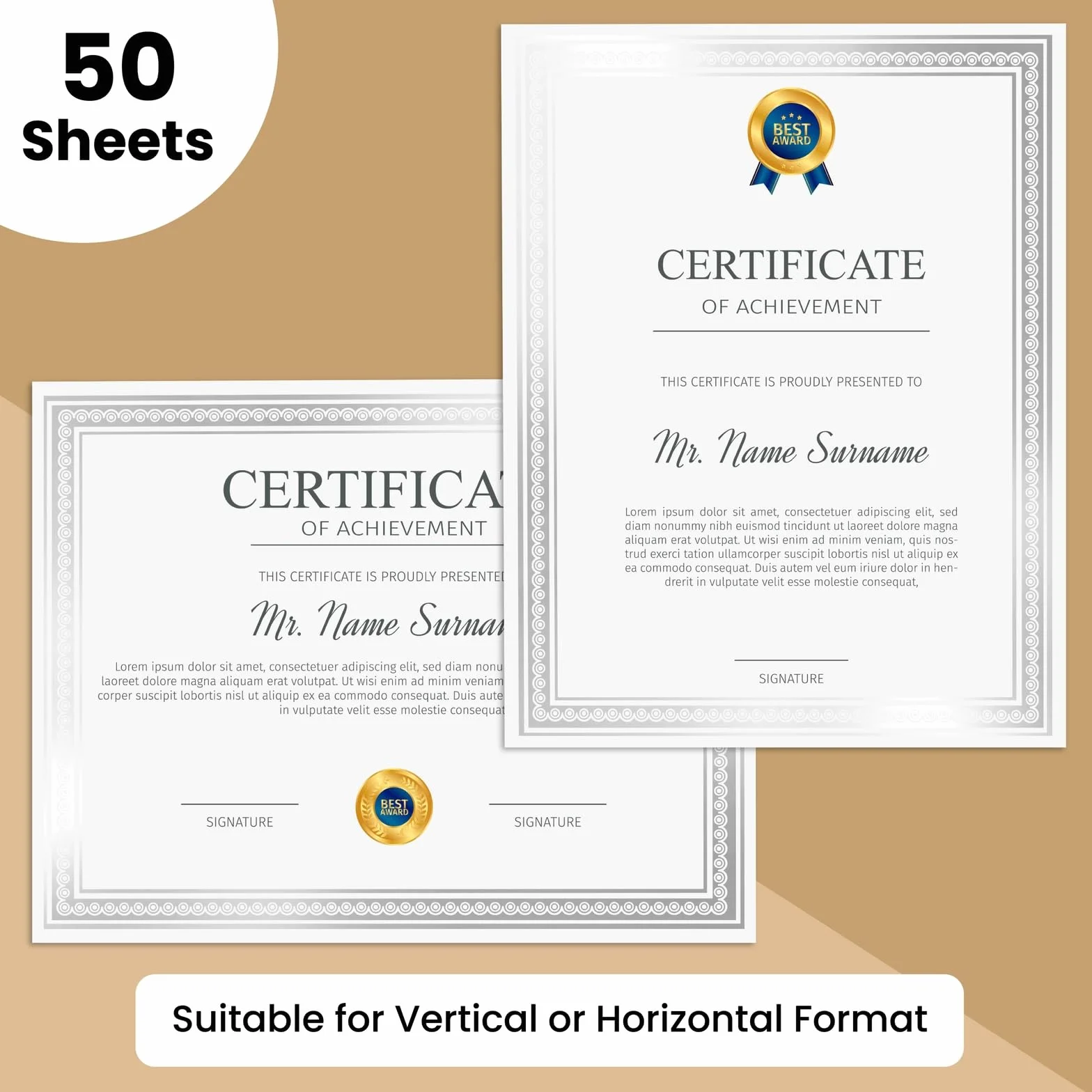 Papier Vierge Diplôme Certificat Récompense 50 Feuilles Ivoire Bordure Argentée 21,6 x 28 cm