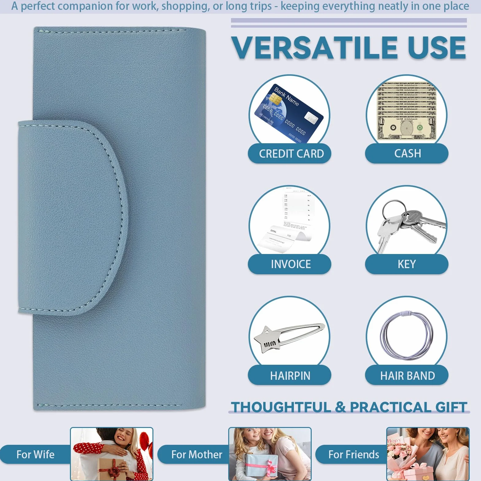 Portefeuille en cuir synthétique lot de 2 enveloppes à 2 fentes pour espèces, organiseur d'argent, porte-cartes de crédit, bleu + violet
