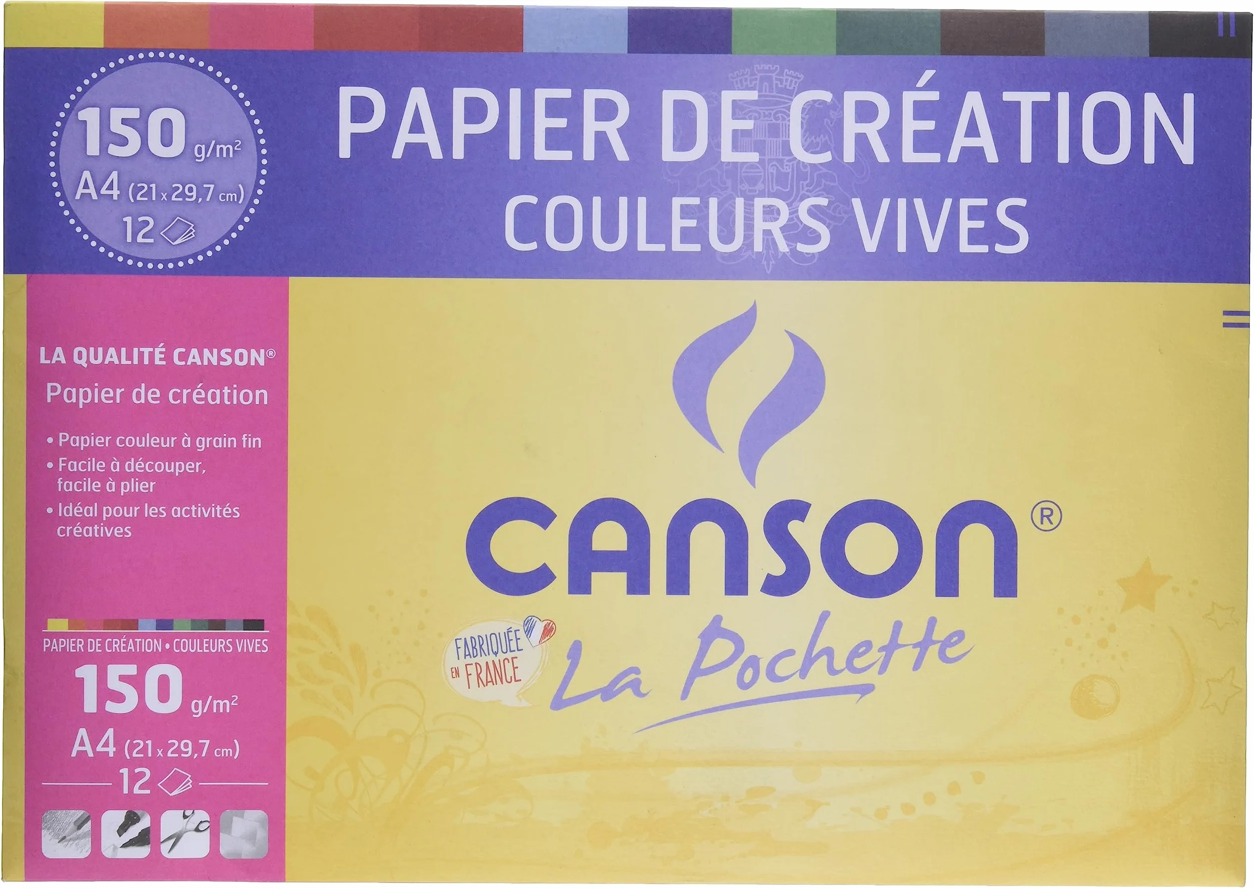CANSON Papier Création A4 150g/m² 12 Feuilles Couleurs Vives Assorties