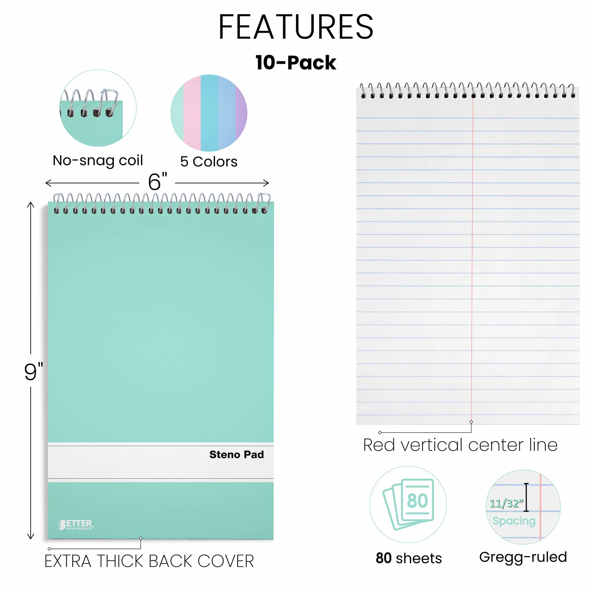 Better Office Products Lot de 10 blocs Steno à spirale, 15,2 x 22,9 cm, 80 feuilles, papier blanc, règle Gregg