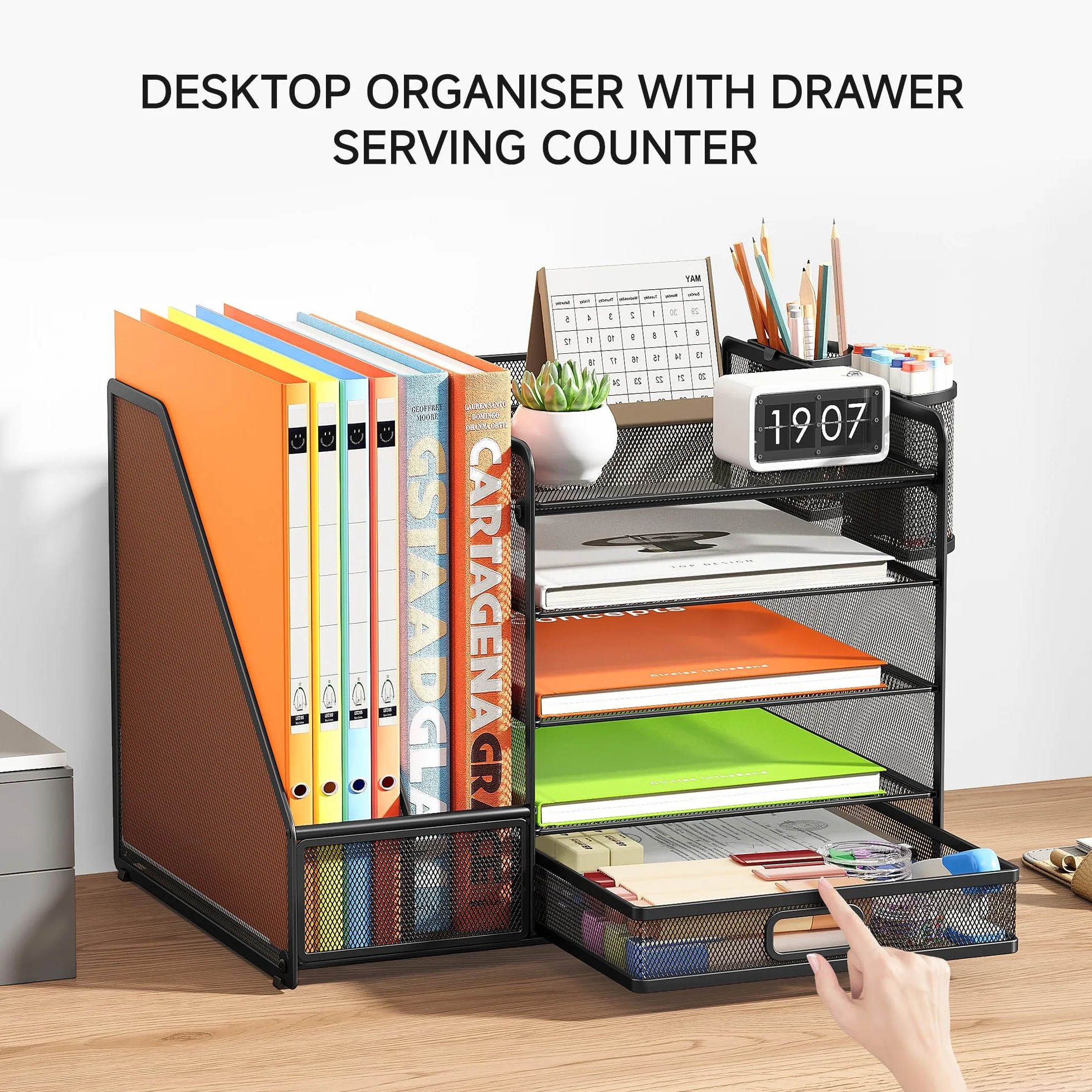VITVITI Organisateur de Bureau 5 Niveaux avec Porte-Documents, Porte-Lettres, Tiroir, Porte-Stylos, Maille, Noir