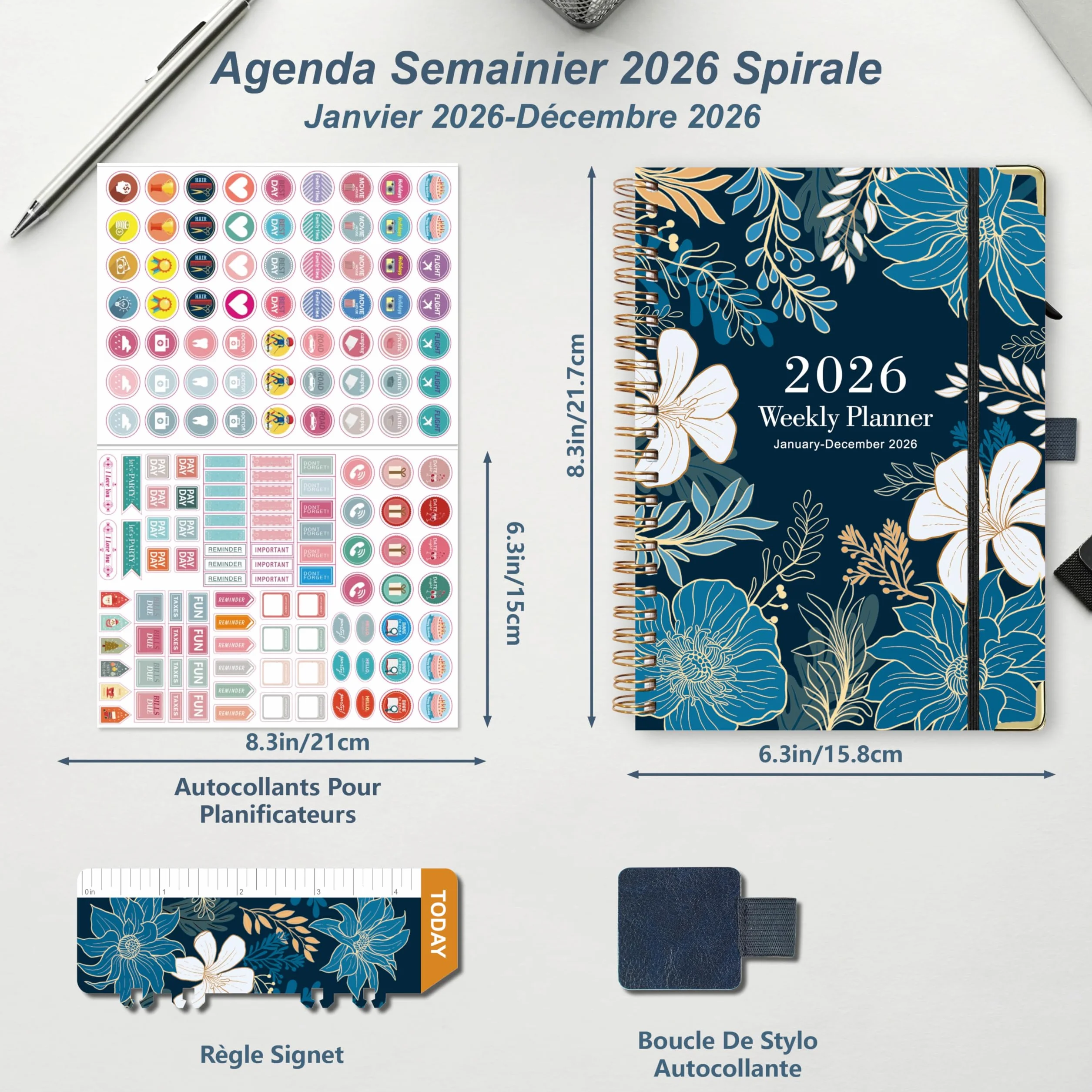 NEYSA Agenda 2026 Semainier Spirale A5 Janvier à Décembre 12 Mois avec Boucle de Stylo, Règle Signet & Autocollants de Plan Bleu et Blanc