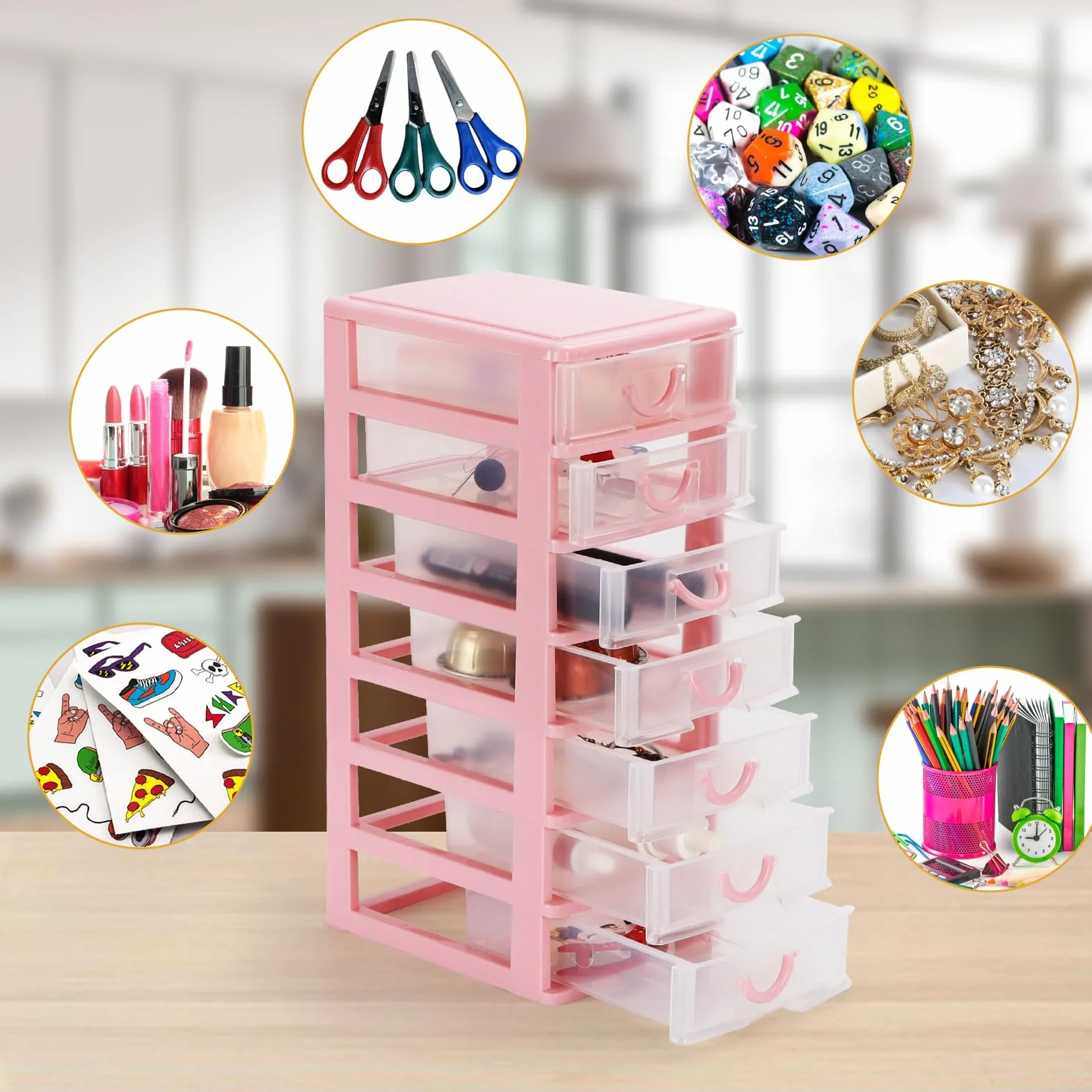 Mini organiseur en plastique 7 tiroirs transparents rangement bureau 18 x 13 x 33,5 cm rose
