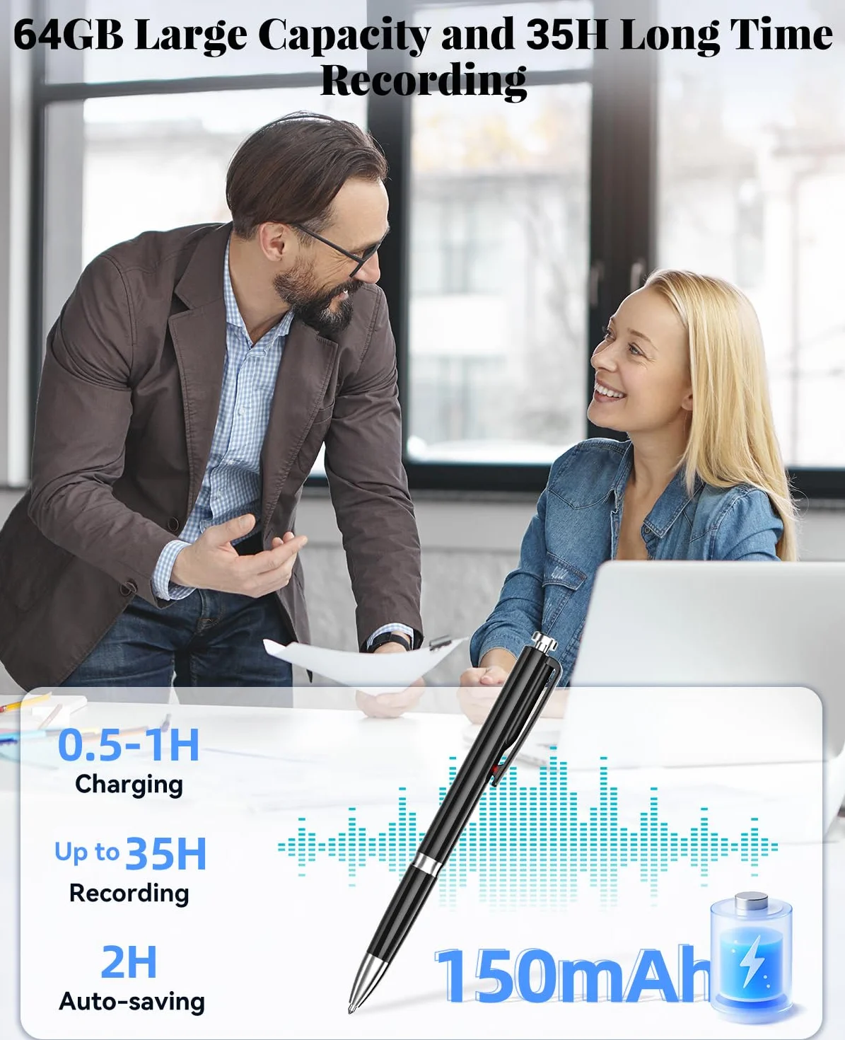 Enregistreur Vocal 64Go Ponovo Dictaphone Audio avec Activation Vocale et Réduction de Bruit pour Interviews