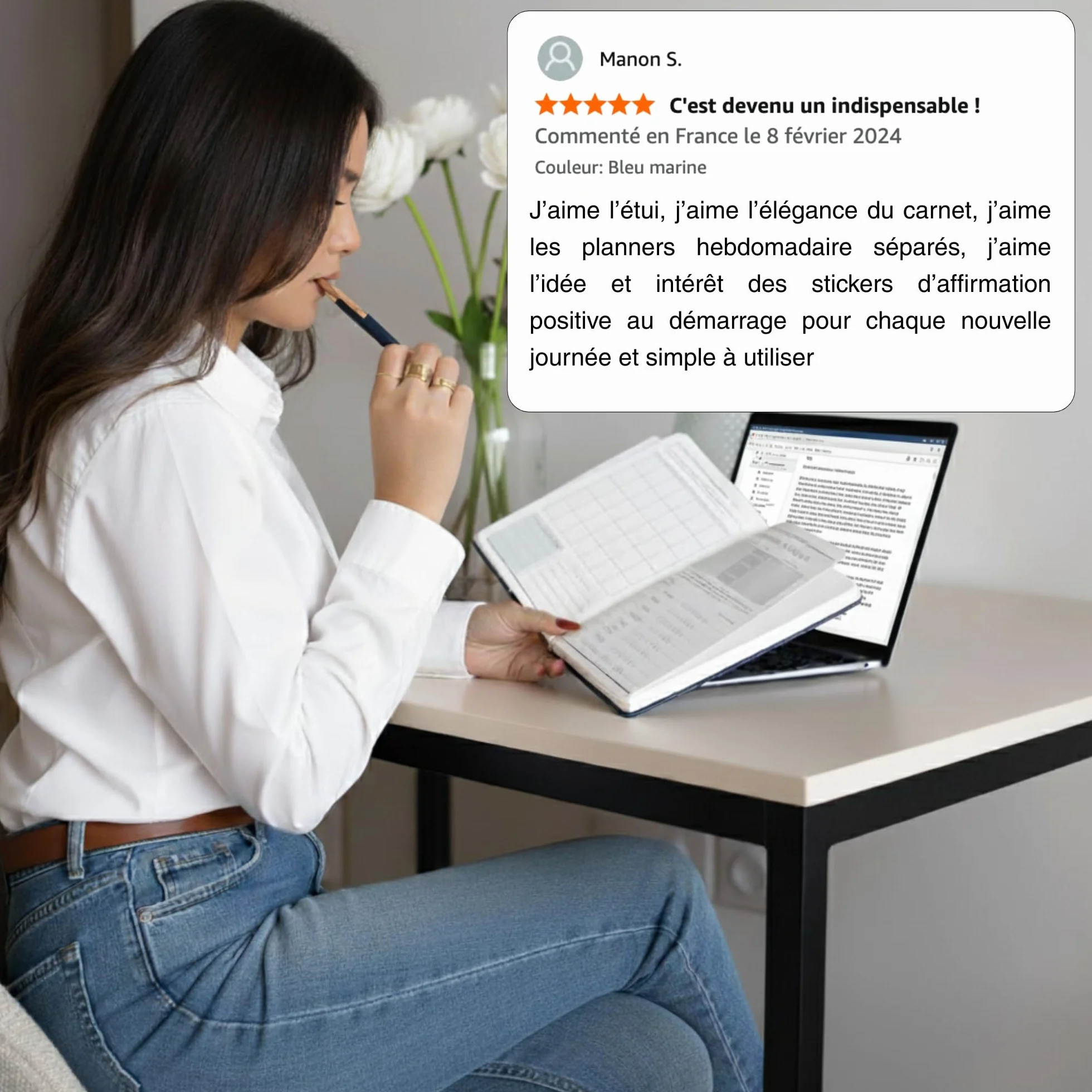 Planner Français de productivité, Semainier, Planning annuel mensuel journalier, agenda non daté, coffret cadeau stickers affirmations positives, to do list, bullet journal pre rempli (4 mois)