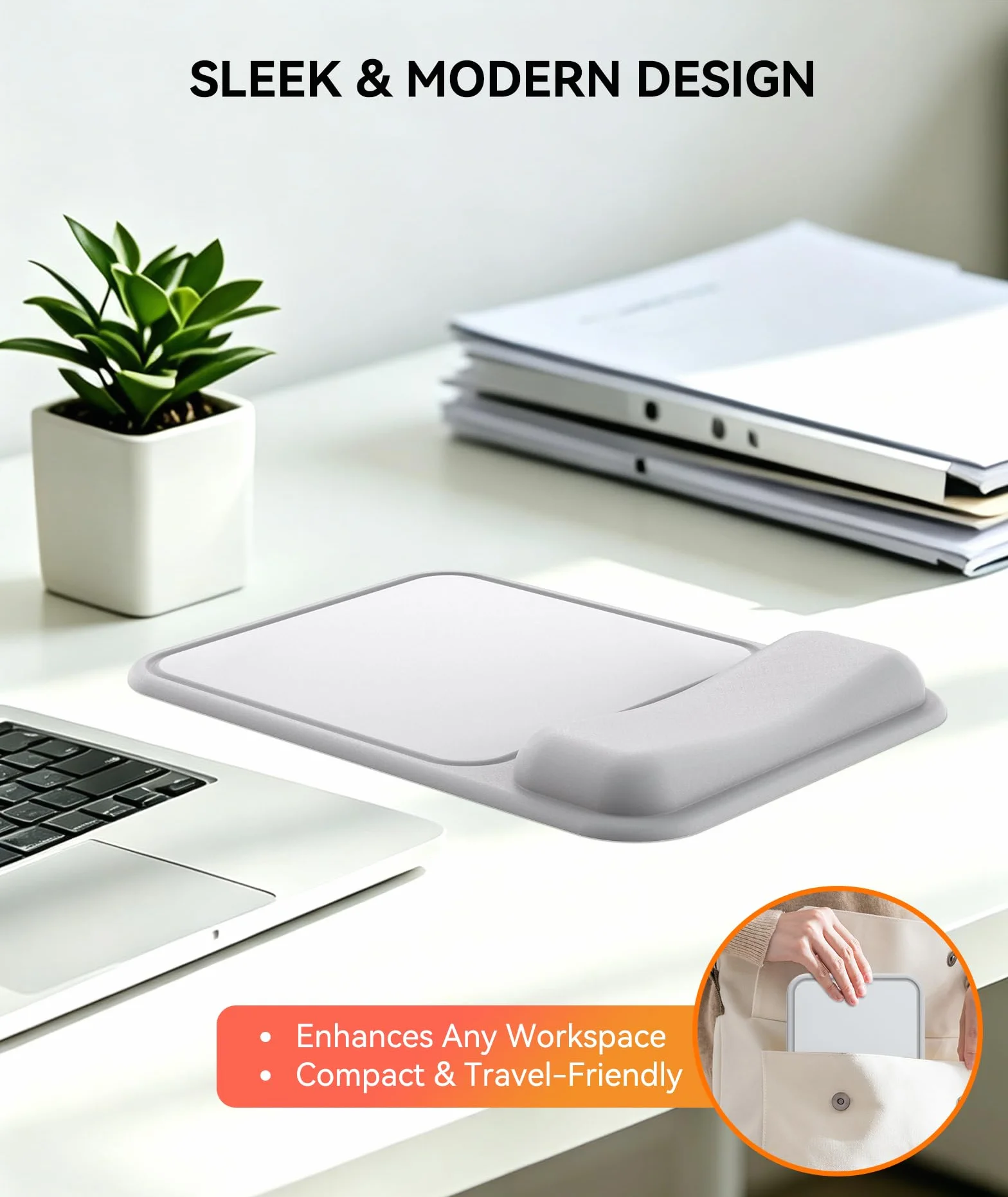 Tapis de Souris Ergonomique avec Repose-Poignet Creusé Gel, Base Antidérapante, Bureau & Gaming (Gris Clair)